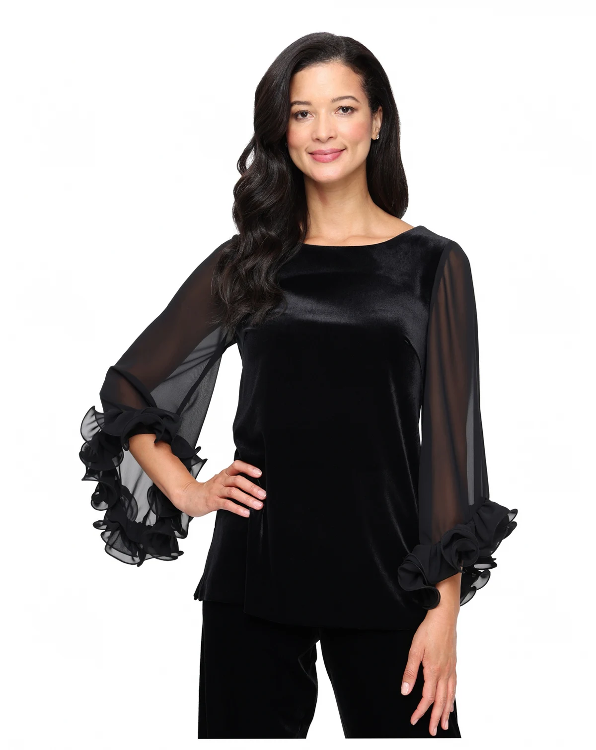 Women's Illusion Ruffle Sleeve Velvet Blouse