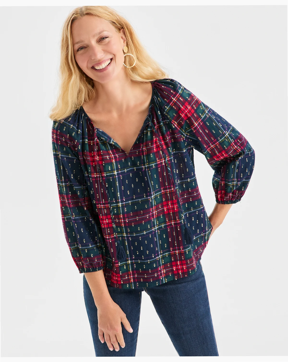 Women's Plaid 3/4 Sleeve Split Neck Top with Lurex, Macy's Exclusive