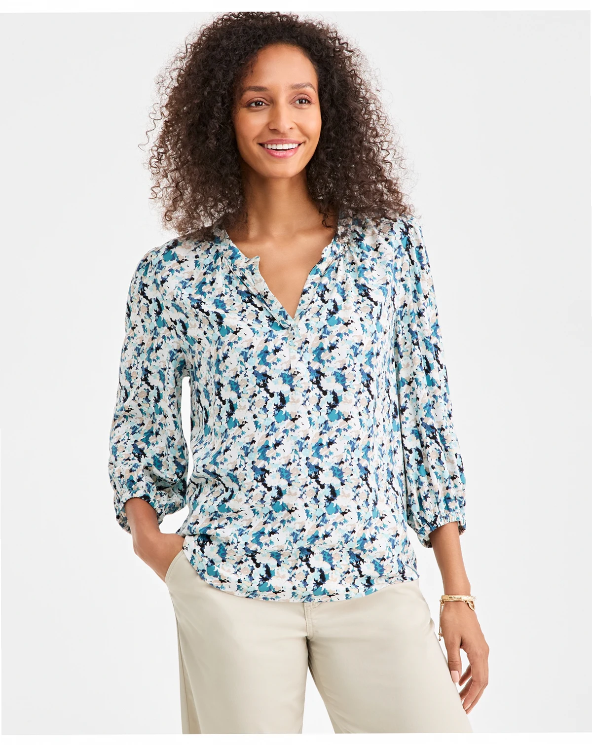 Women's Printed Split-Neck Top, Macy's Exclusive