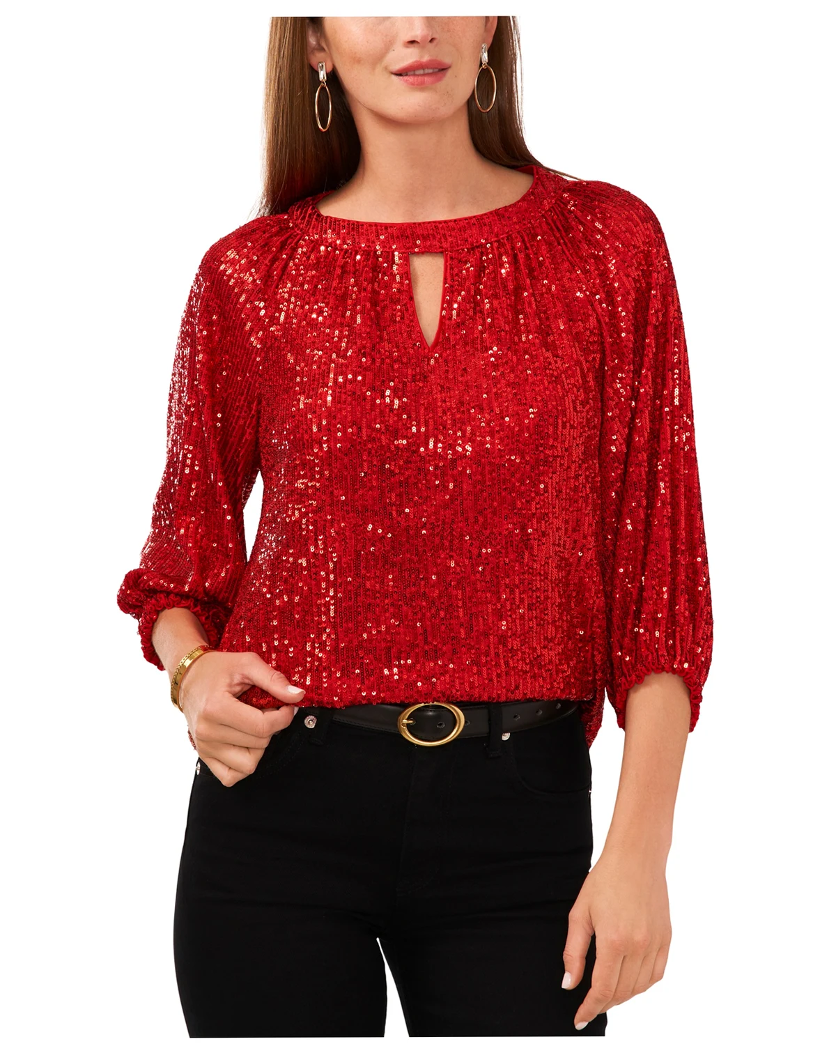 Women's Sequin Keyhole Detail Raglan Sleeve Top