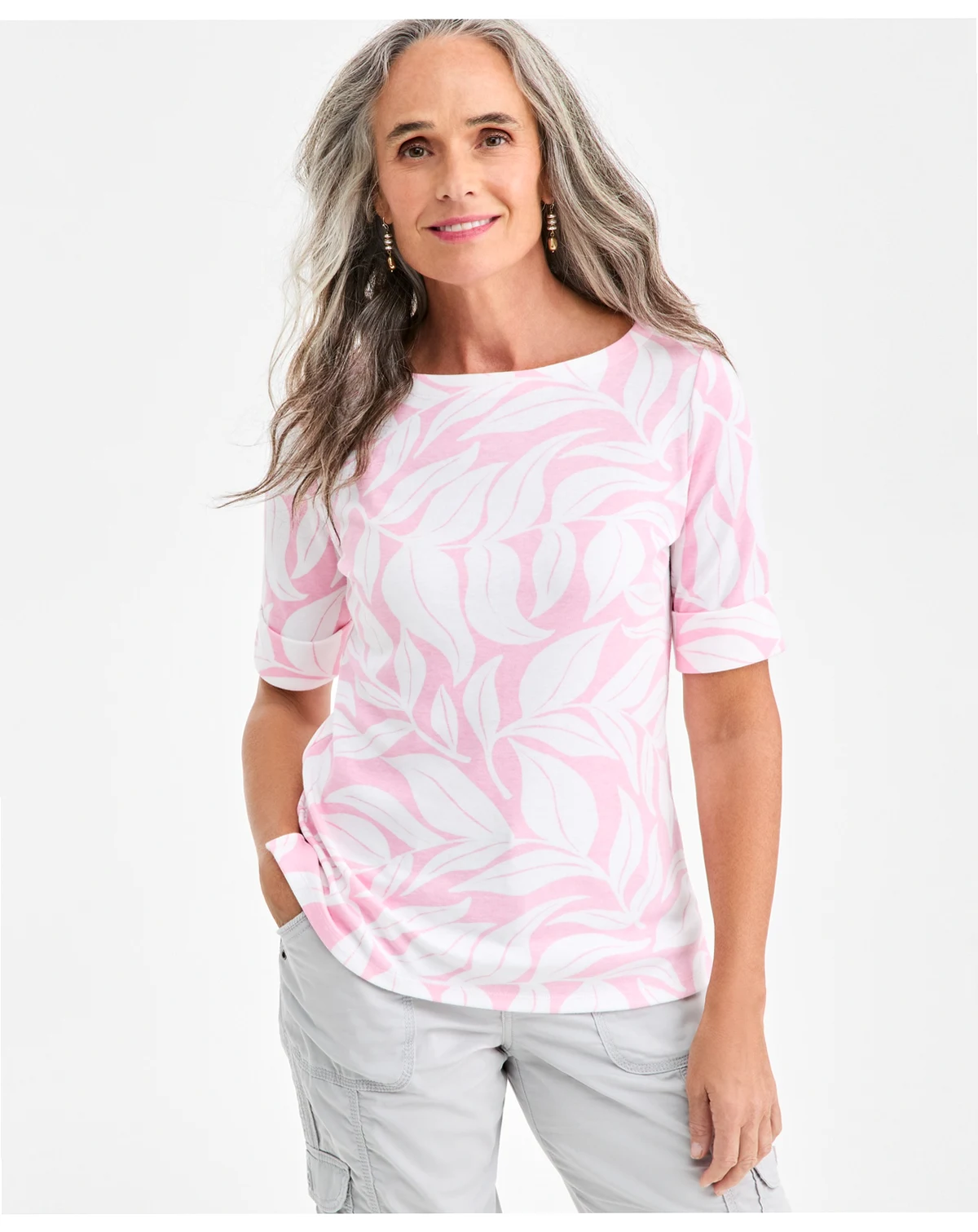 Women's Printed Boat-Neck Elbow Sleeve Top, Exclusively at Macy's