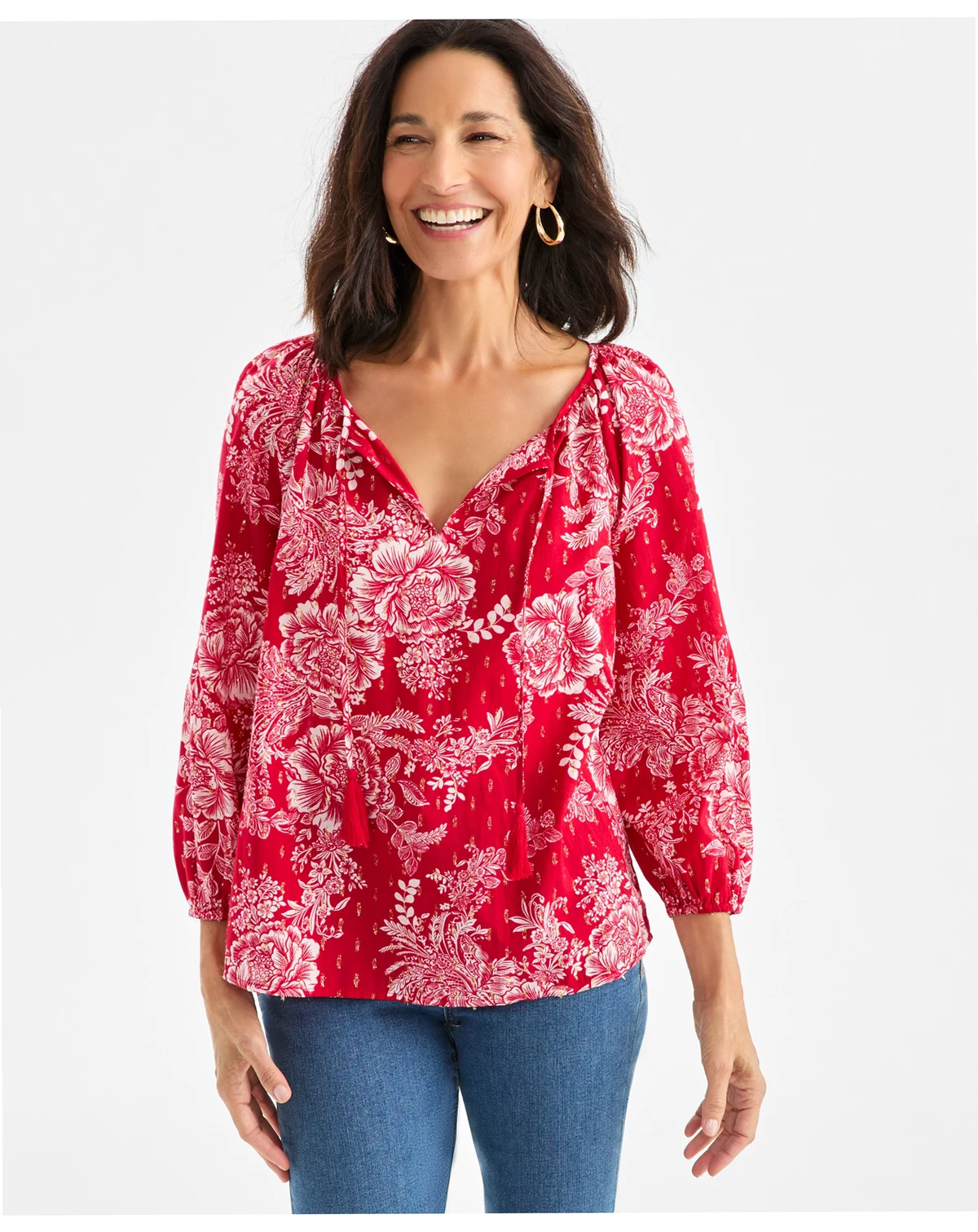 Women's Printed 3/4 Sleeve Split Neck Top, Macy's Exclusive
