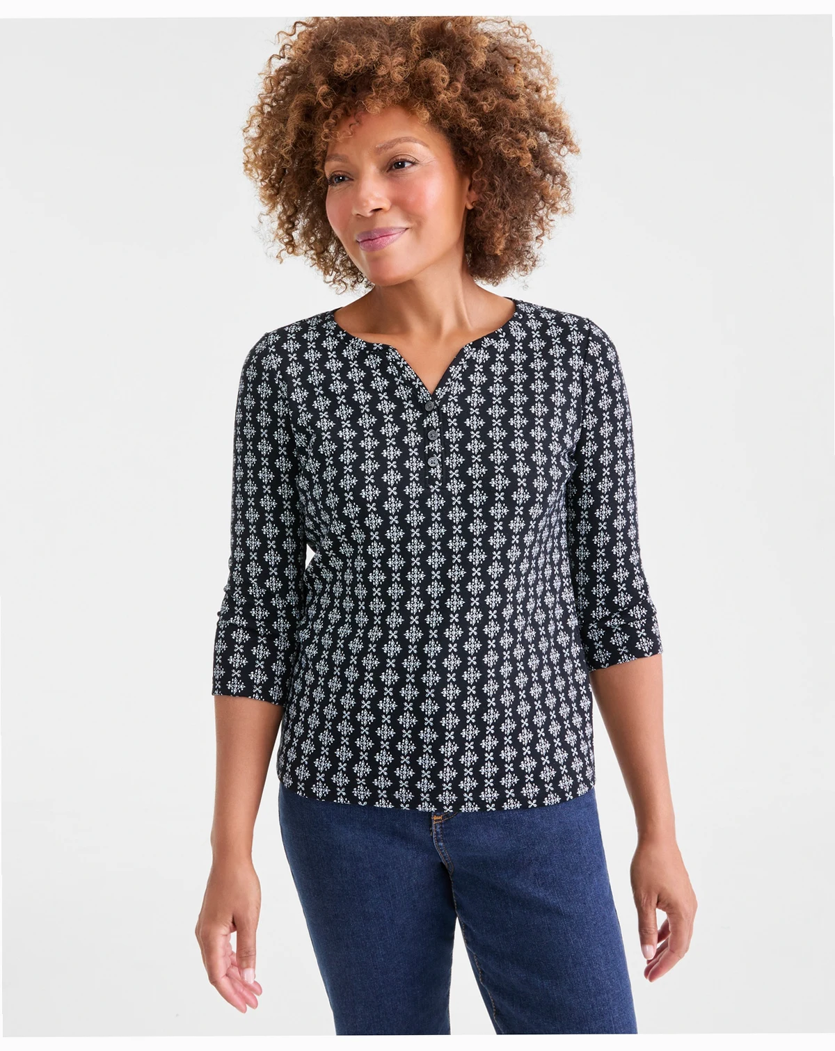 Women's Printed 3/4-Sleeve Henley Top, Macy's Exclusive