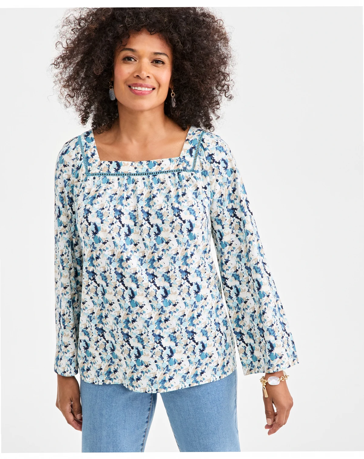 Women's Printed Square-Neck Long Flutter-Sleeve Top, Macy's Exclusive