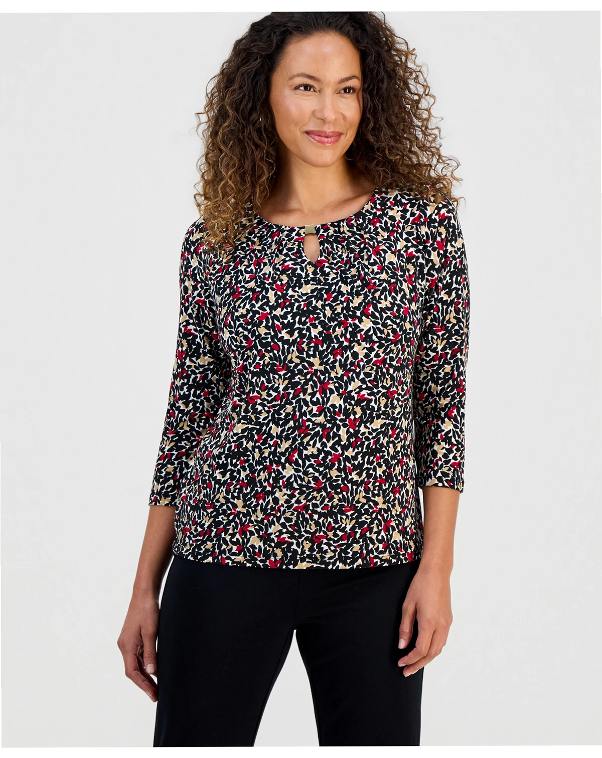 Womens Pleat-Neck 3/4-Sleeve Blouse, Regular & Petite