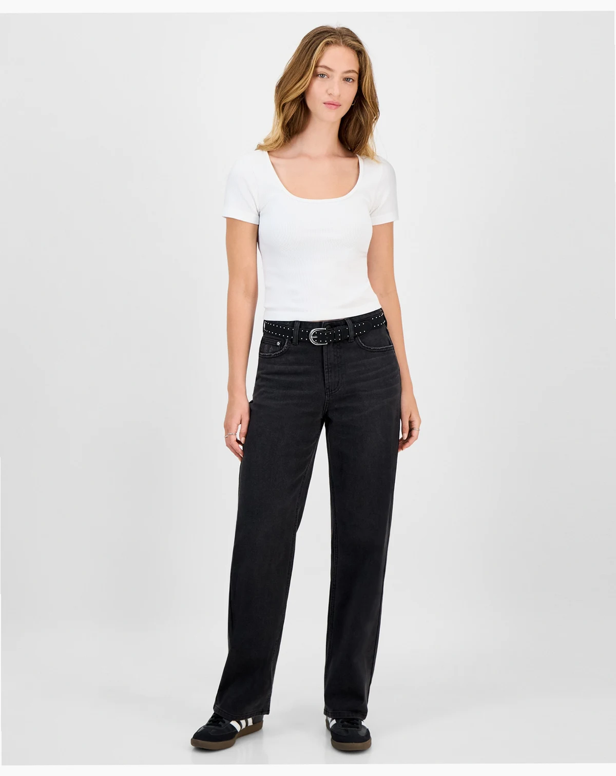 Juniors' Belted Slim-Fit Wide-Leg Jeans