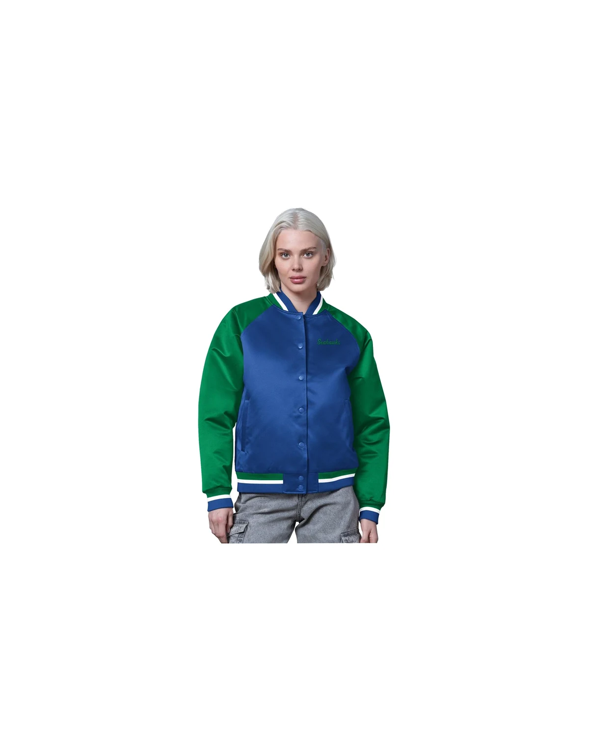 Women's Royal/Green Seattle Seahawks Satin Full-Snap Vintage Varsity Jacket