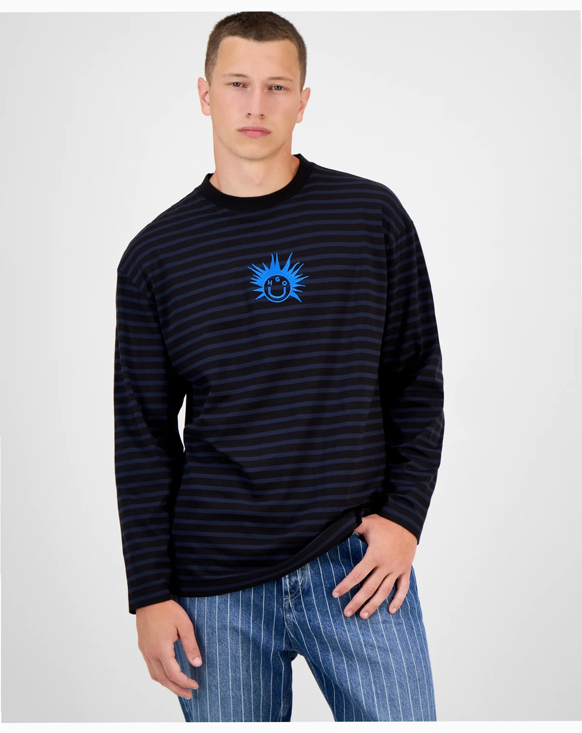 Men's Striped Cotton Logo Graphic Crewneck T-Shirt