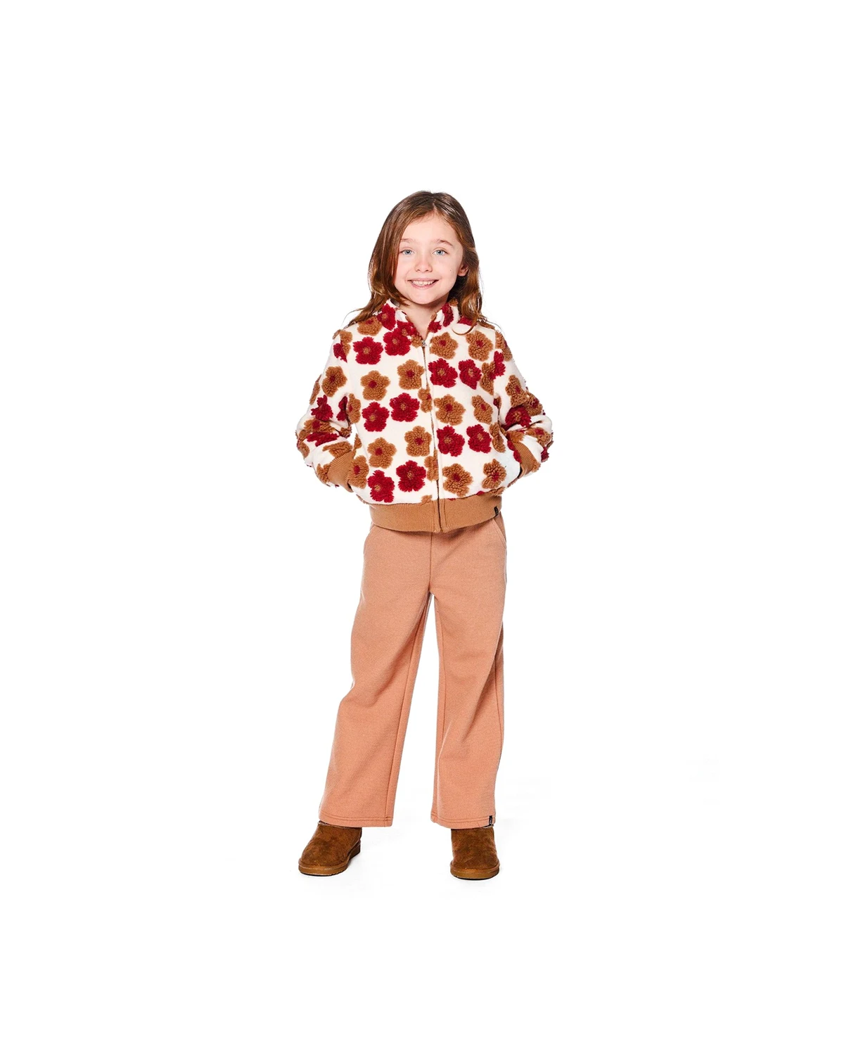 Girl Full Zip Sherpa Jacket with Jacquard Floral Pattern Beige and Red - Toddler|Child