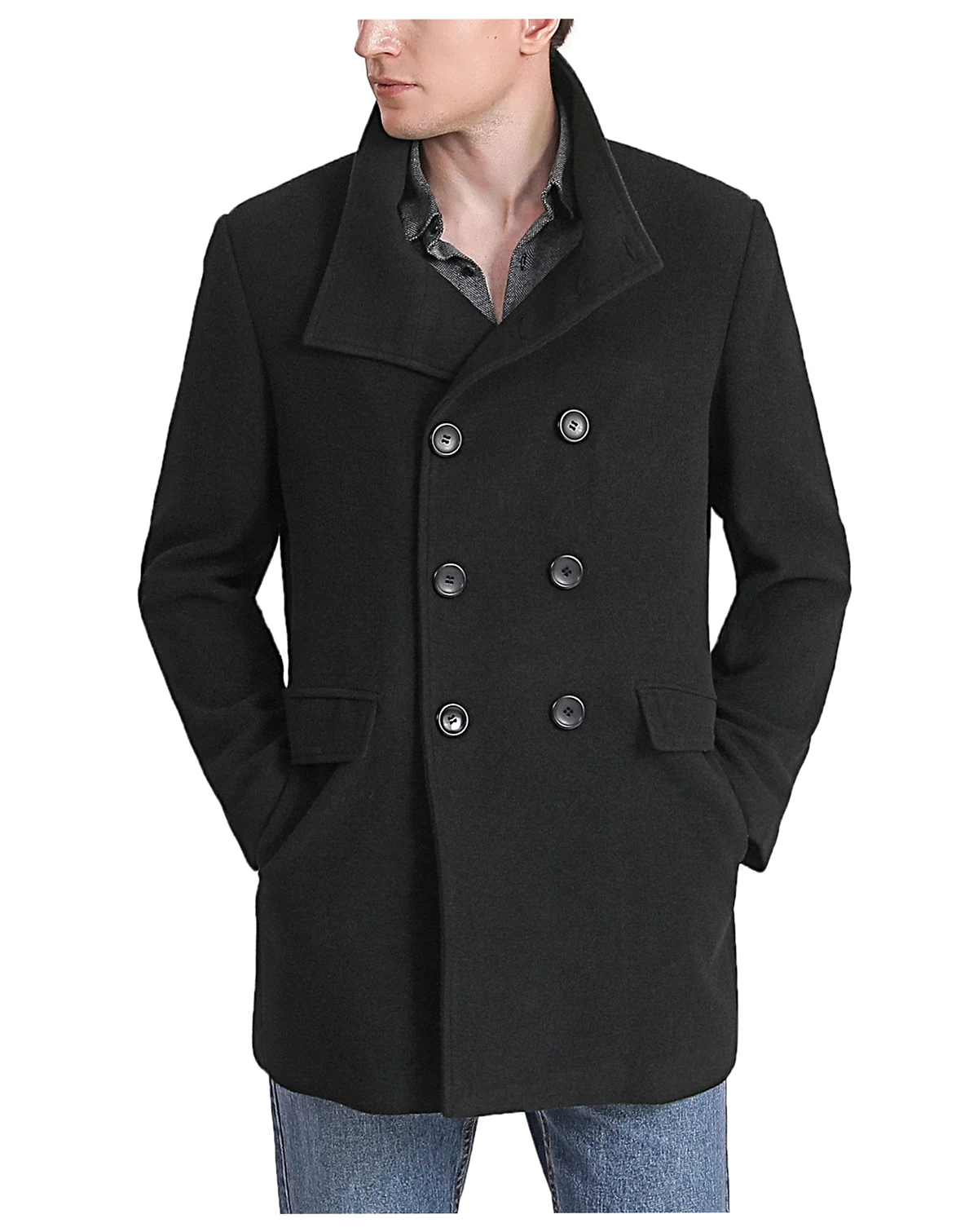 Men Wing Collar City Wool Blend Pea Coat