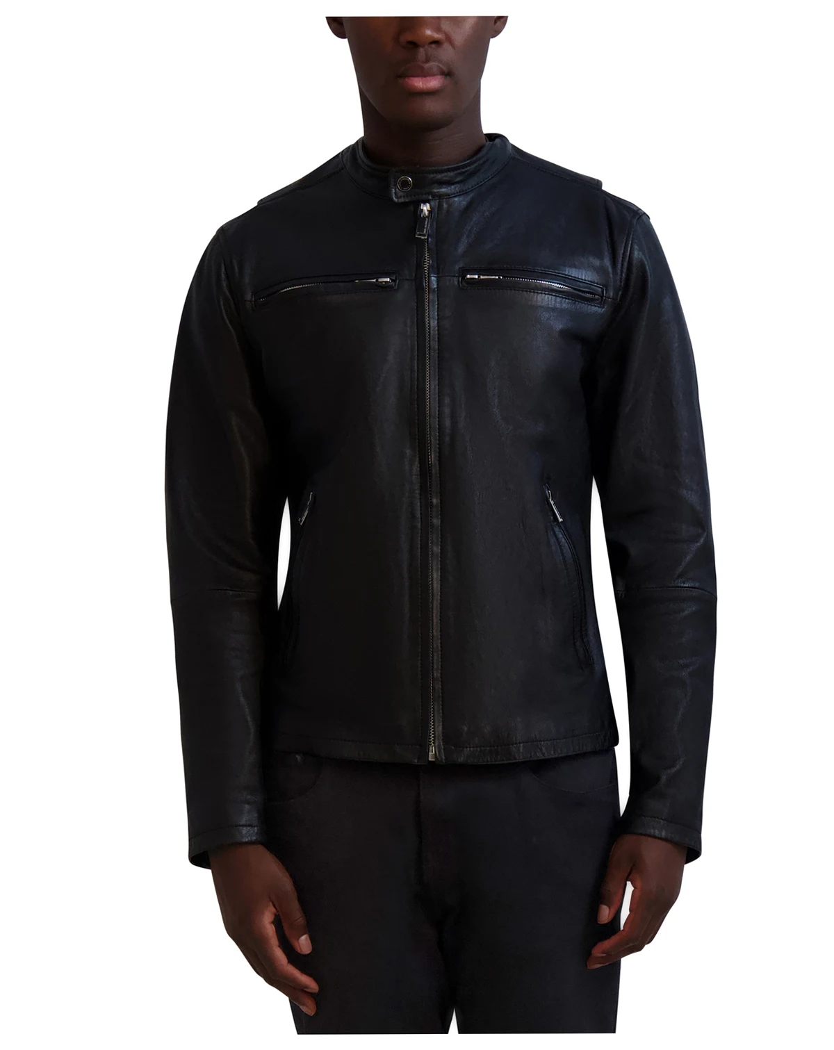 Paris Men's Band-Collar Distressed Leather Jacket