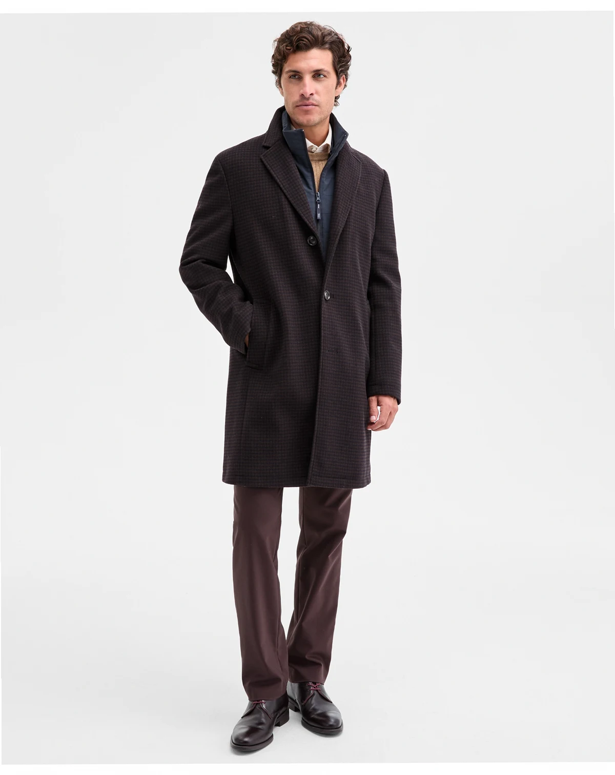 Ted by Men's Classic-Fit Brown Navy Houndstooth Check Overcoat