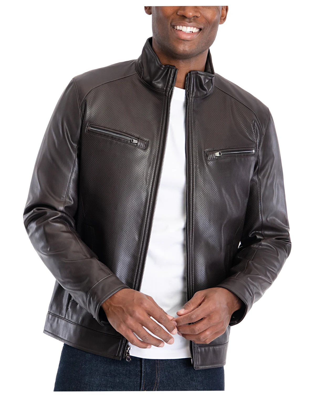 Men's Perforated Faux Leather Moto Jacket, Created for Macy's