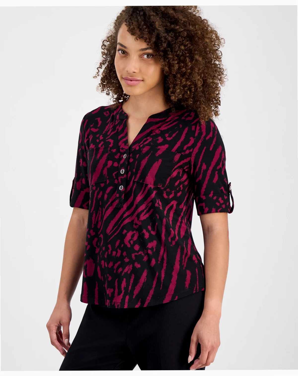AK Anne Klein Petite Printed Rolled-Sleeve Button-Front Top