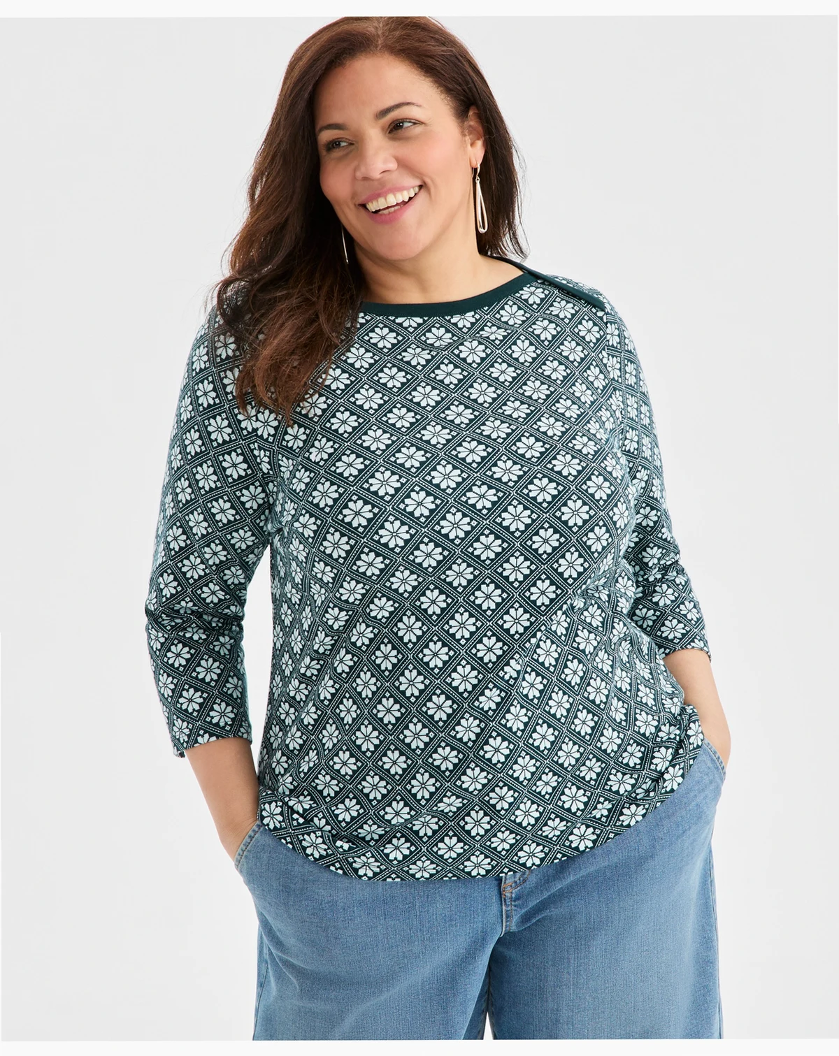 Plus Size Printed Knit 3/4-Sleeve Top, Macy's Exclusive
