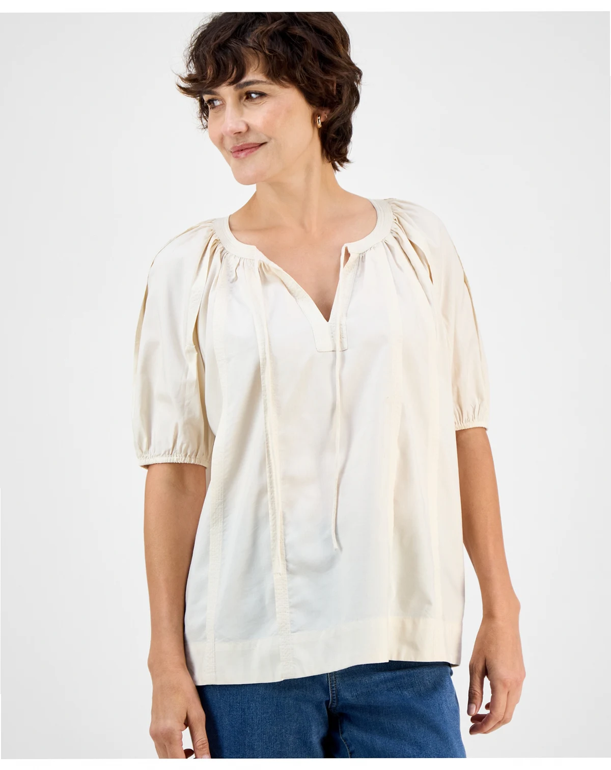 Petite Gathered Puff-Sleeve Top, Macy's Exclusive