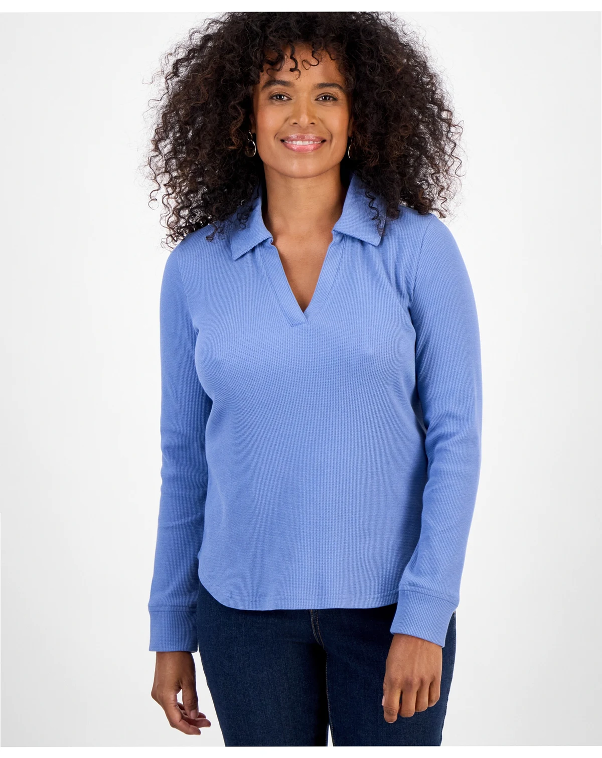 Women's Waffle-Knit Long-Sleeve Polo Top, Macy's Exclusive