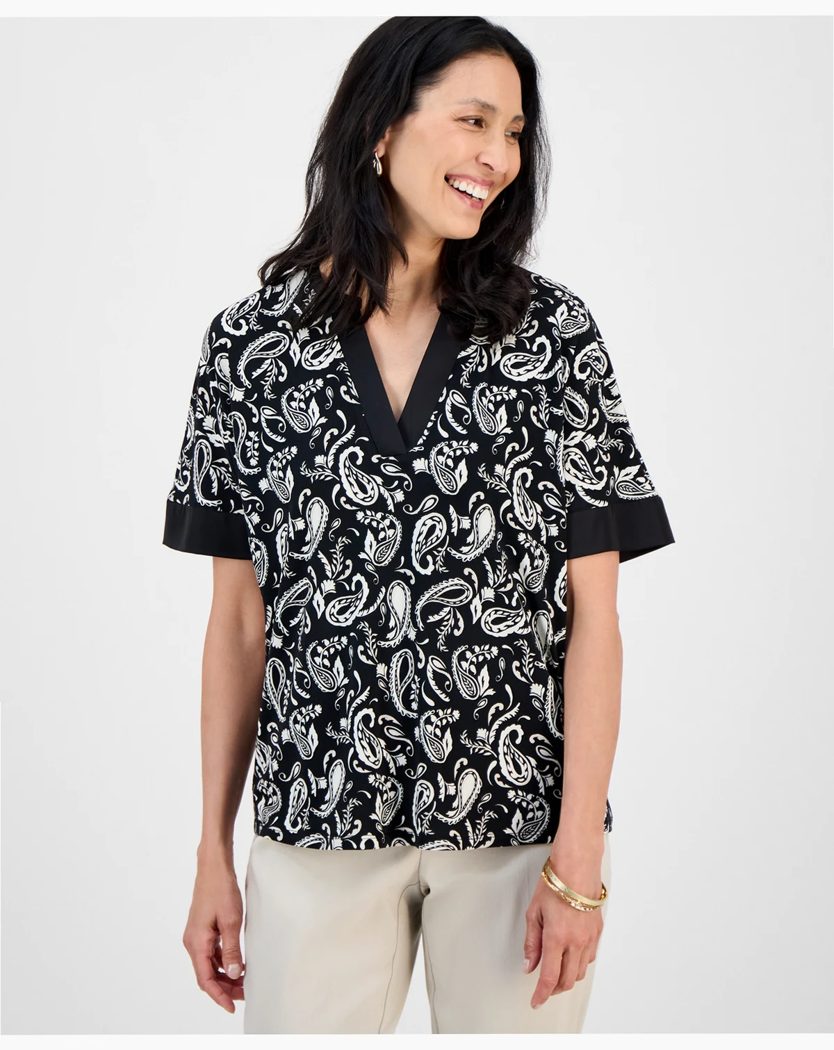 Petite Printed Split-Neck Top, Macy's Exclusive