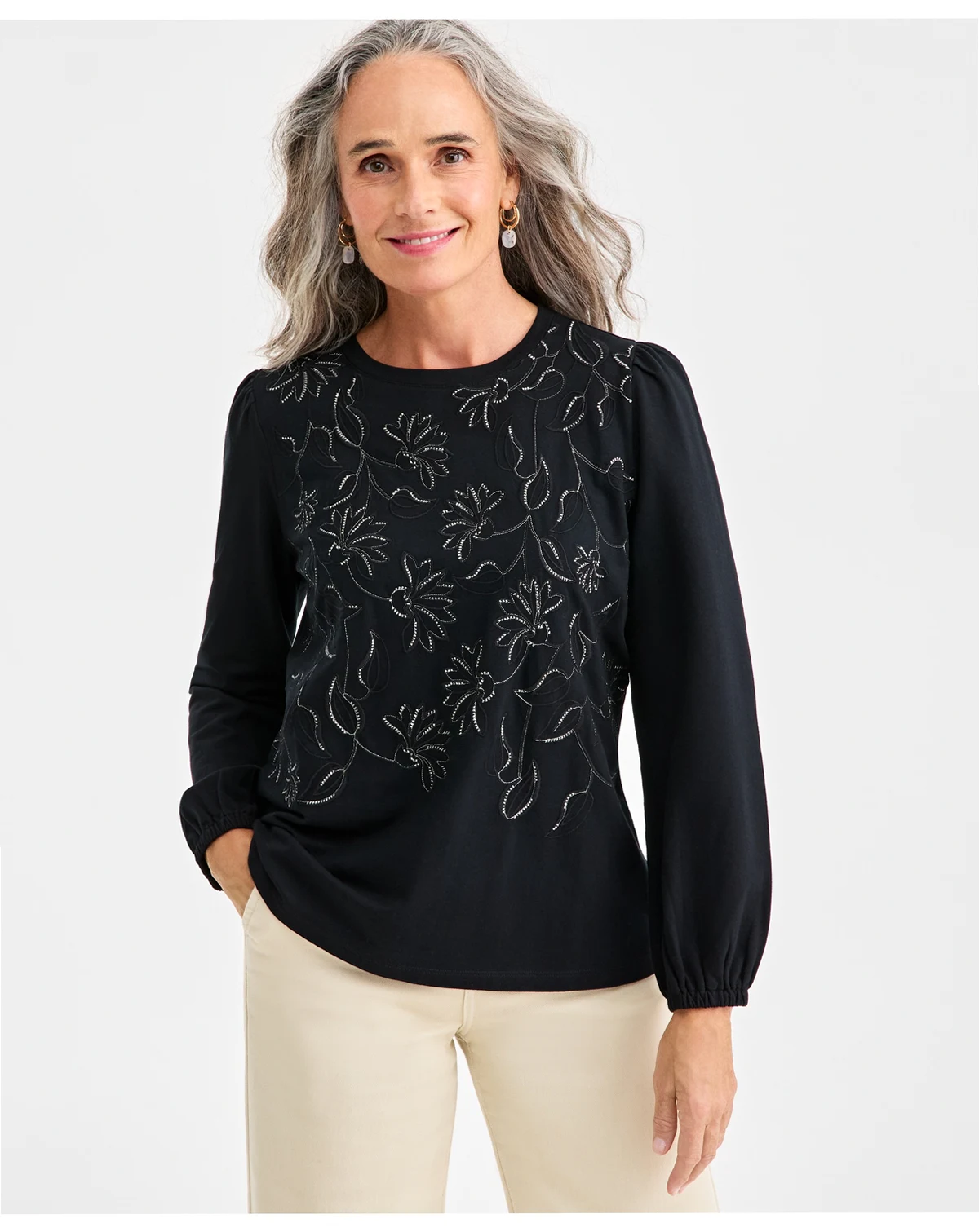 Women's Embroidered Shine Puff-Sleeve Knit Top, Macy's Exclusive