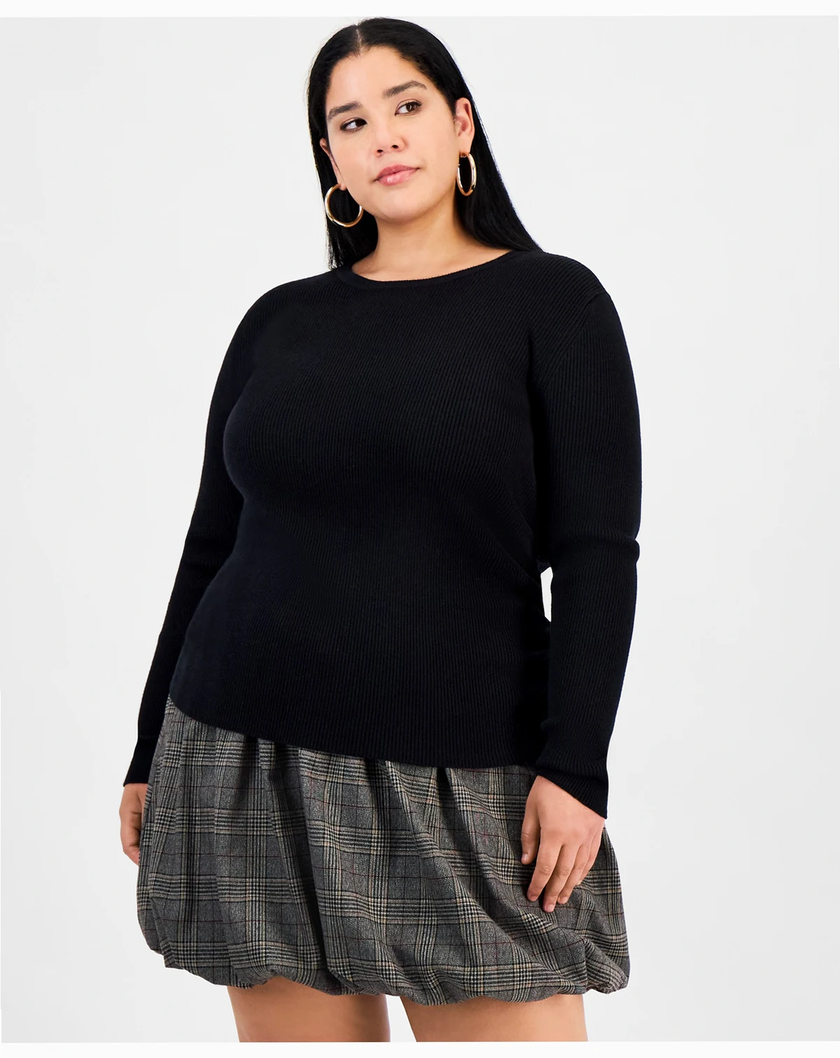 Trendy Plus Size Long Sleeve Ribbed Knit Top, Macy's Exclusive
