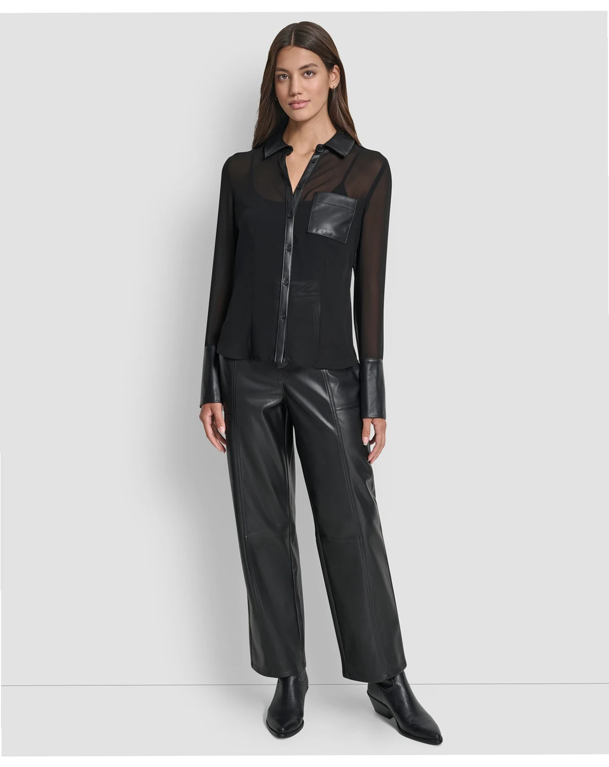 Women's Faux-Leather Trim Sheer-Mesh Shirt