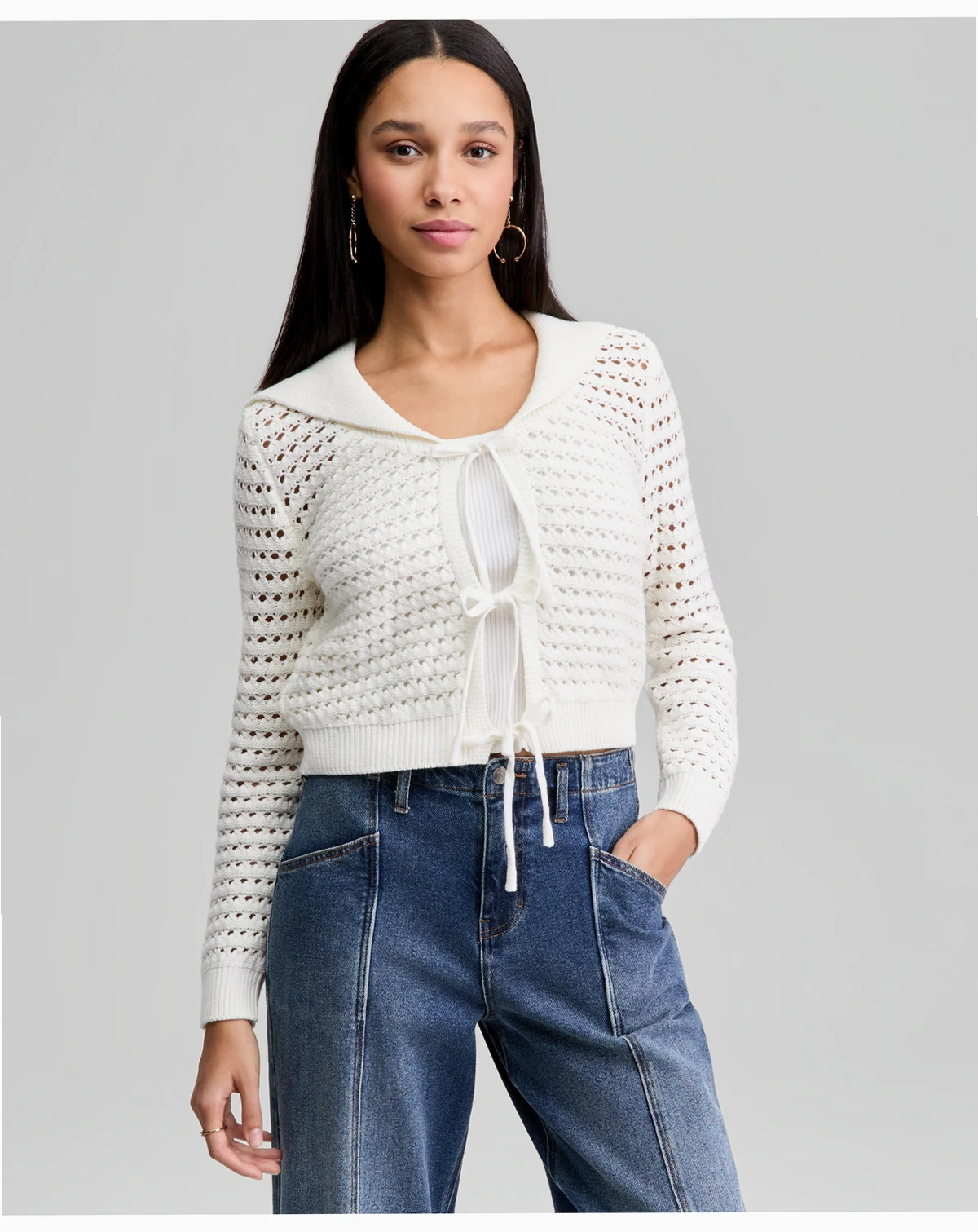 Women's Wide-Collar Tie-Front Pointelle Cardigan, Macy's Exclusive