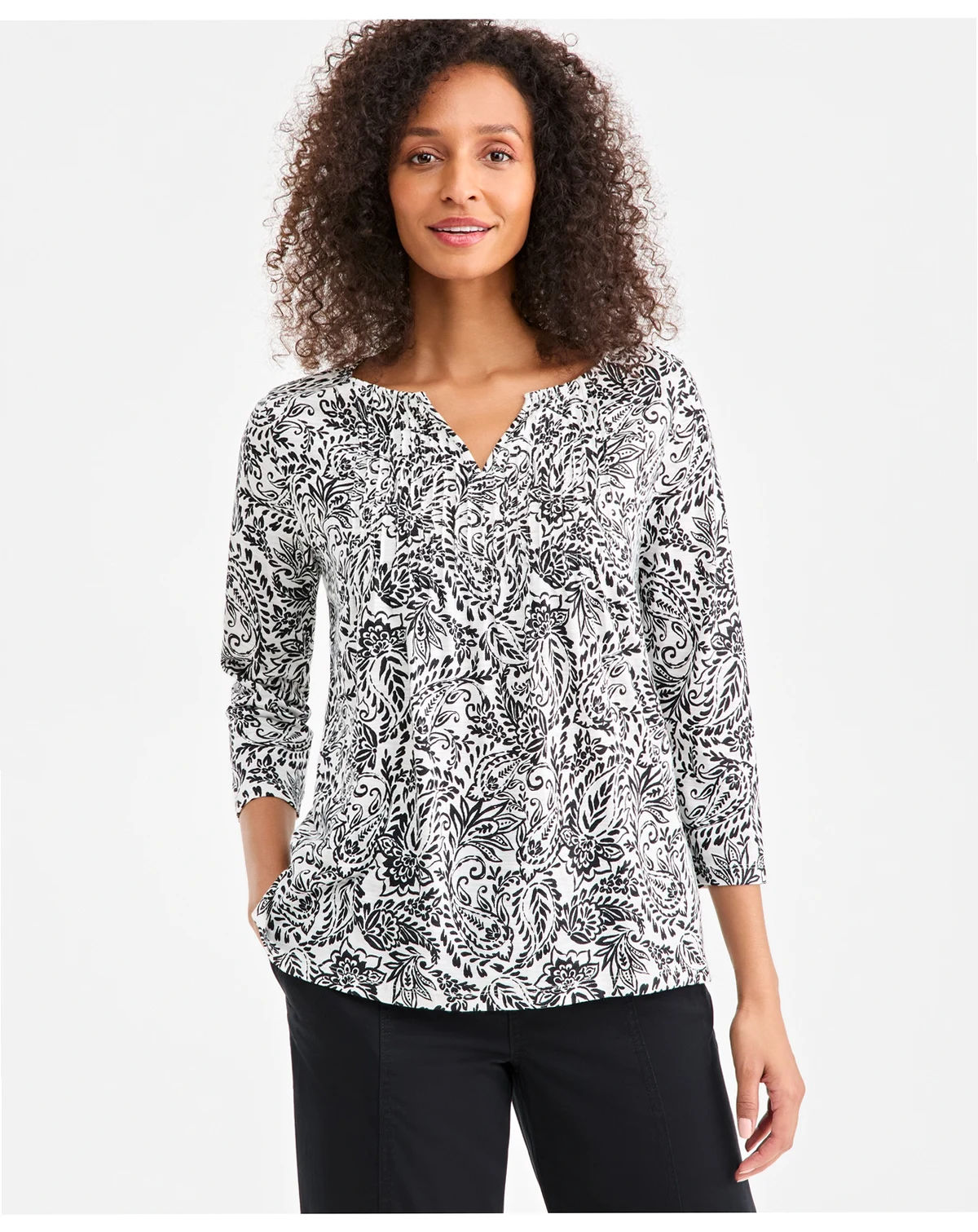 Women's Printed Split-Neck Pintucked Knit Top, Macy's Exclusive