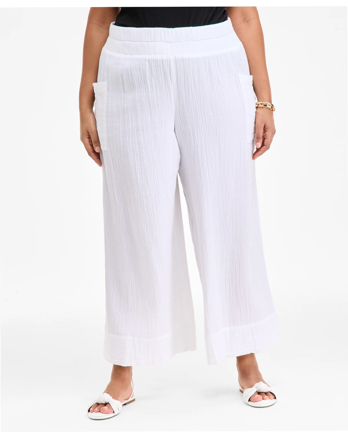 Plus Size Cotton Gauze Smocked-Waist Wide-Leg Pants, Exclusively at Macy's