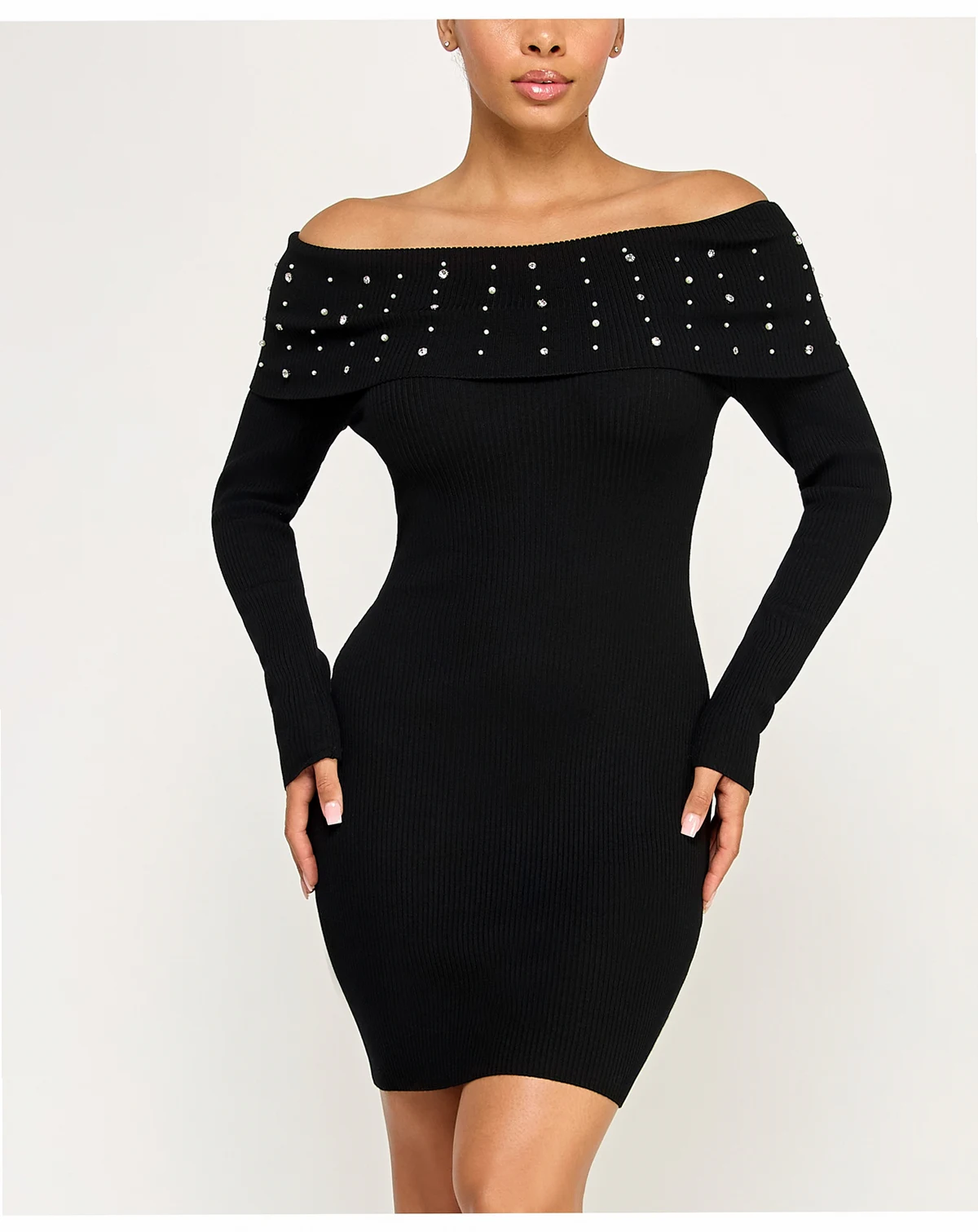Juniors Off The Shoulder Rhinestone Fitted Sweater Dress