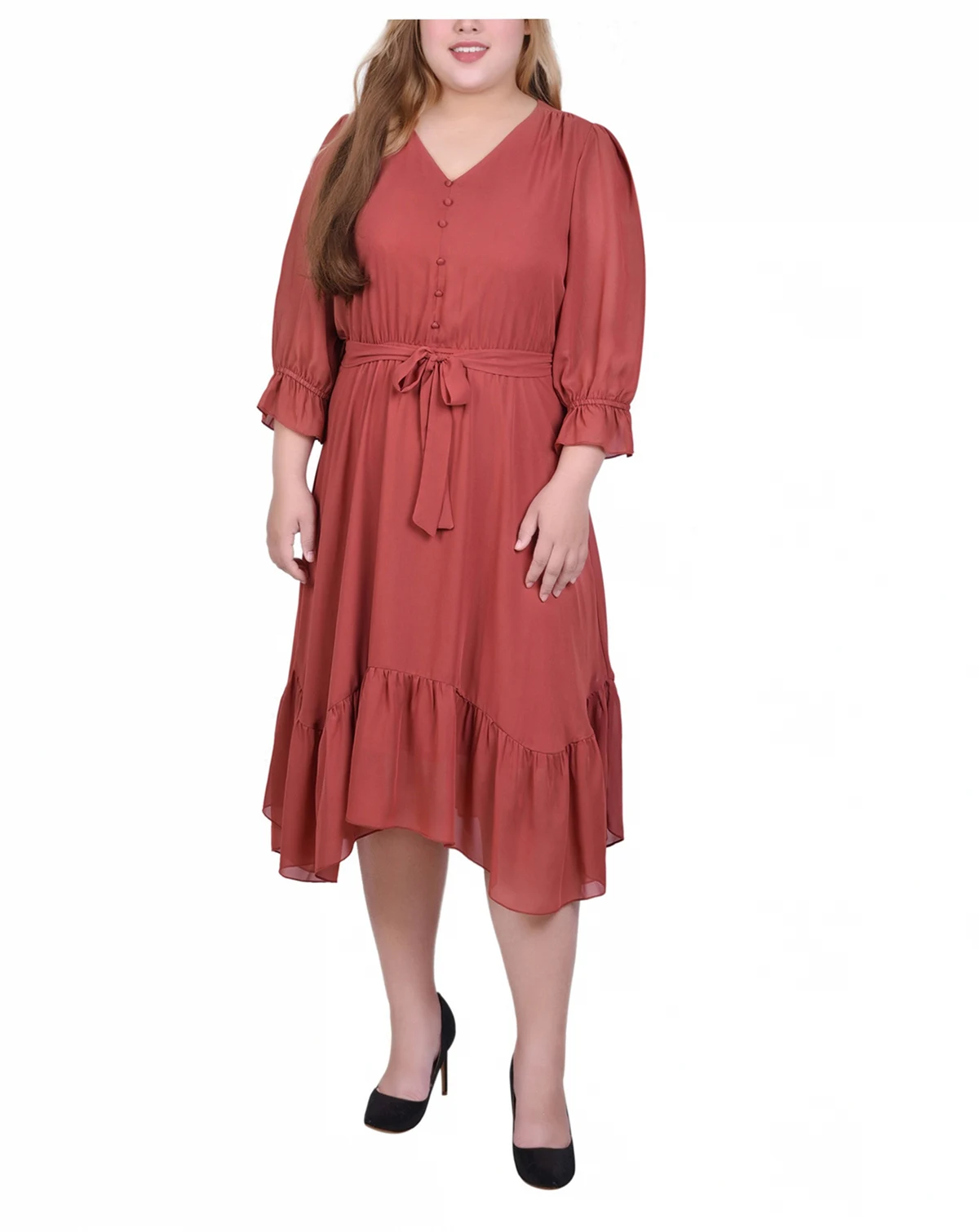 Plus Size 3/4 Sleeve V-Neck Flounced Dress