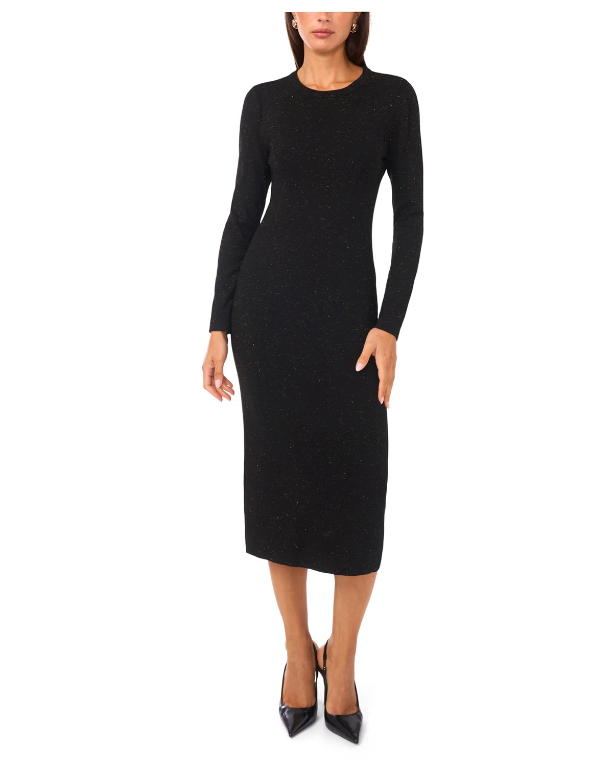 Women's Metallic Ribbed Long Sleeve Midi Dress