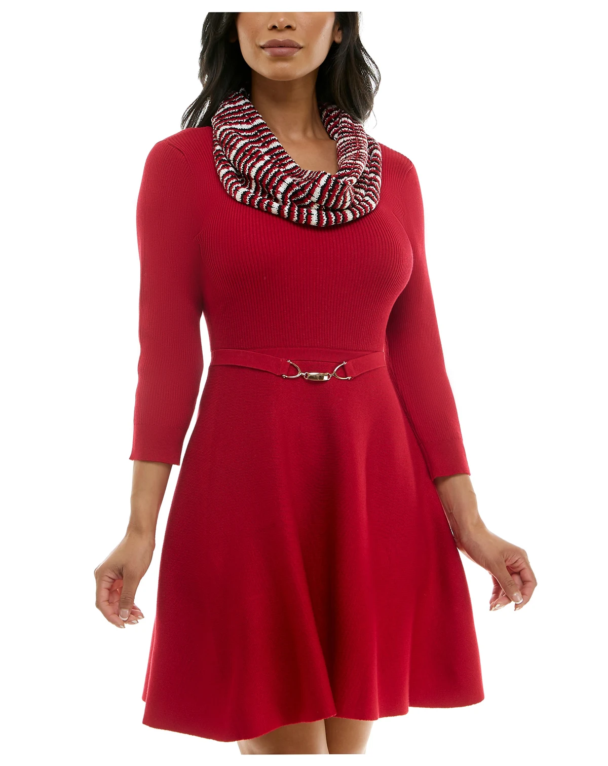 Juniors Plaid Scarf Belted Fit & Flare Sweater Dress