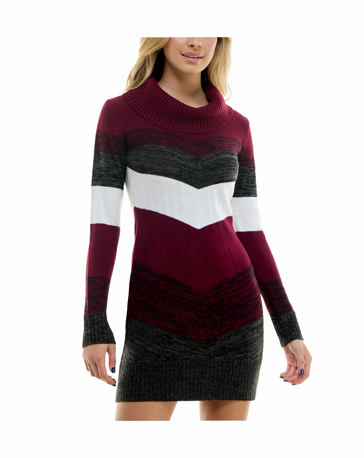 Juniors' Cowl Chevron Fitted Sweater Dress