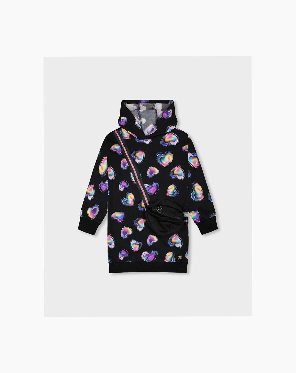Toddler Girls Hooded Fleece Dress Black and Multicolor with Trompe-L Bag Detail - Toddler|Child