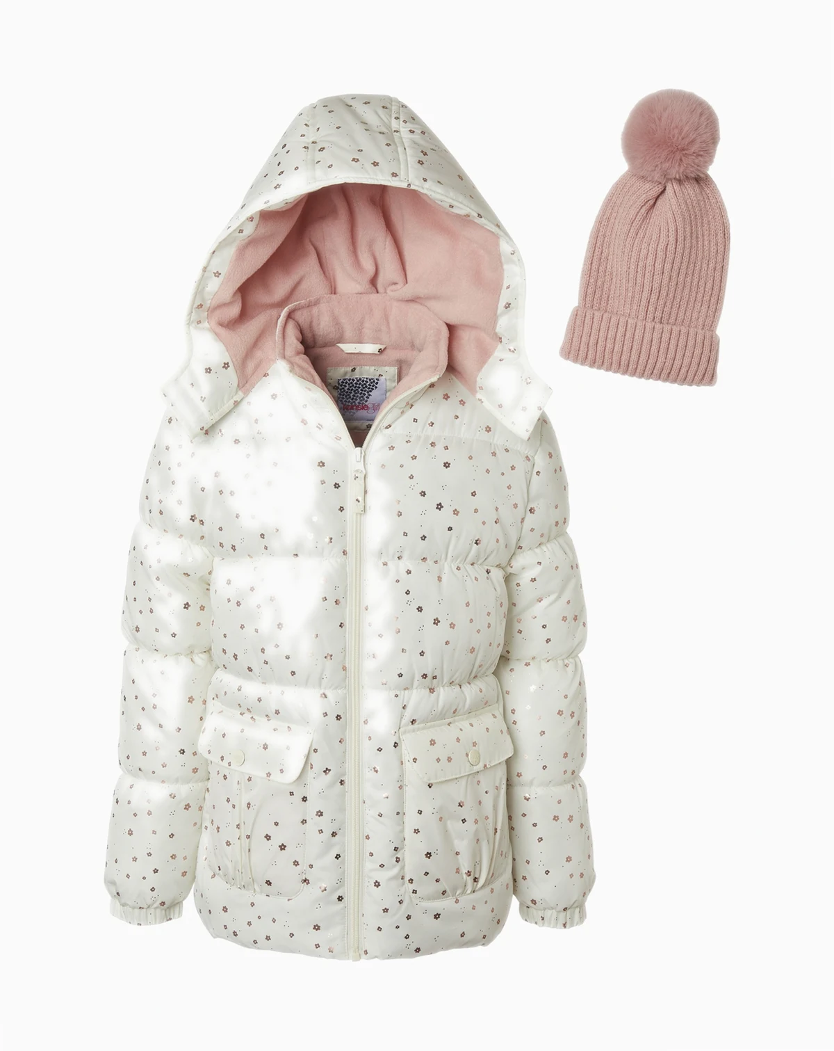 Big Girls' Foil Dot Puffer Jacket with Beanie
