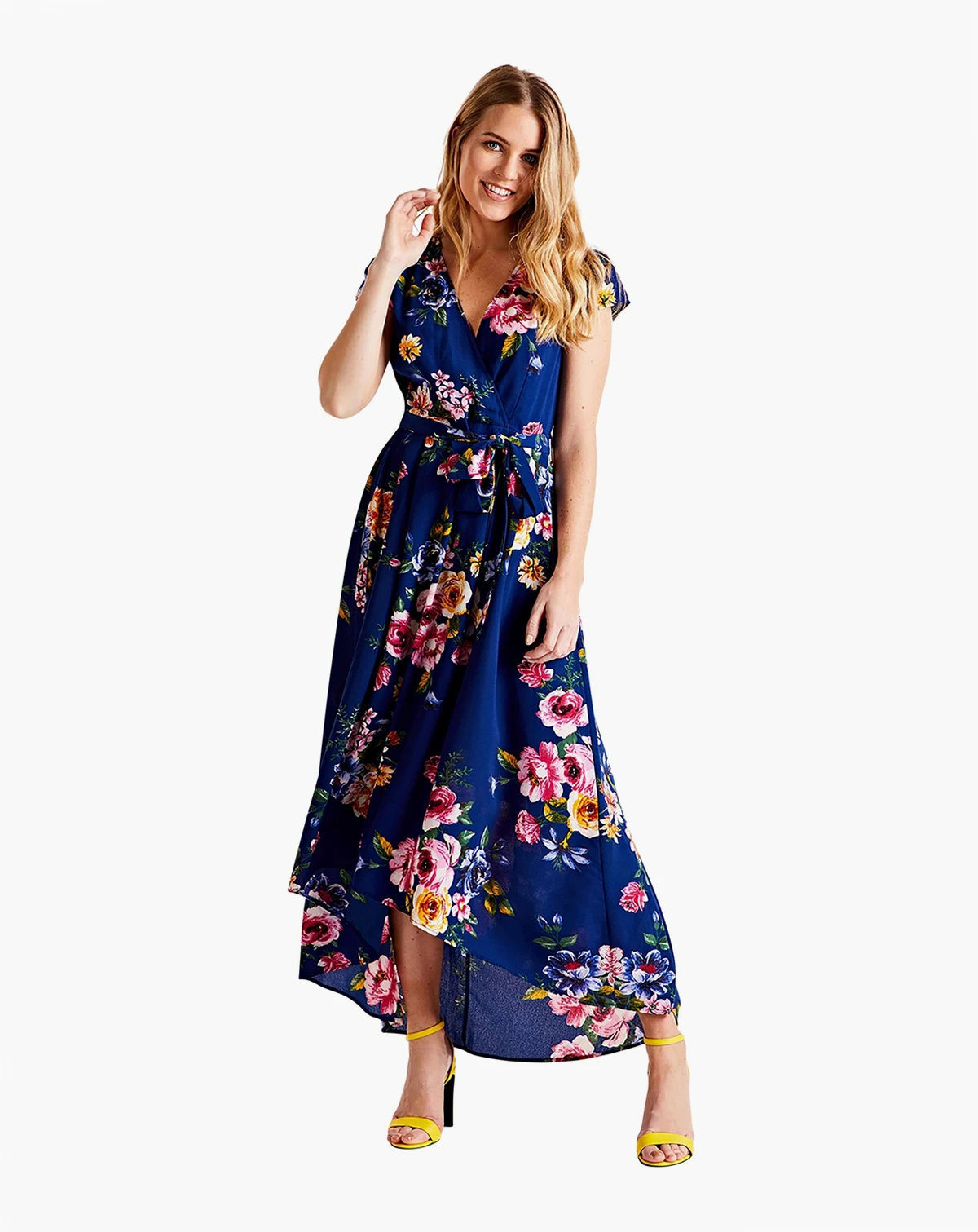 Women's Floral Print Dipped Hem Wrap Midi Dress