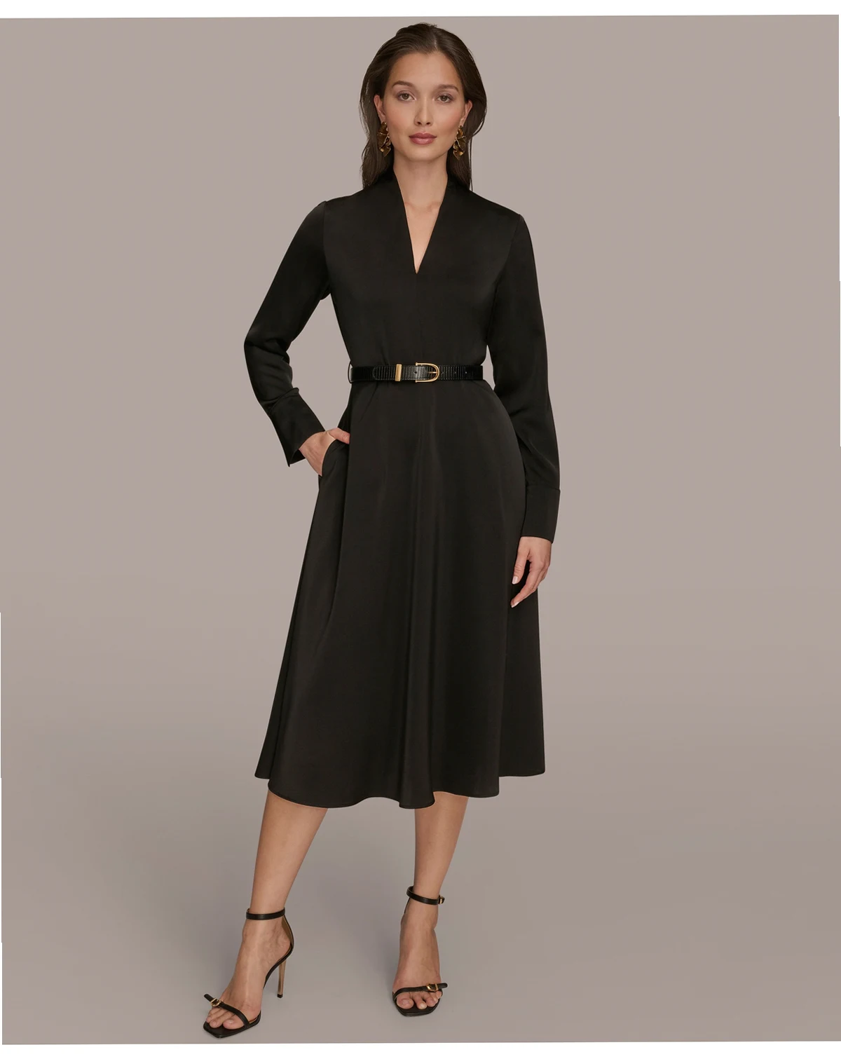 Women's Satin V-Neck Belted A-Line Midi Dress