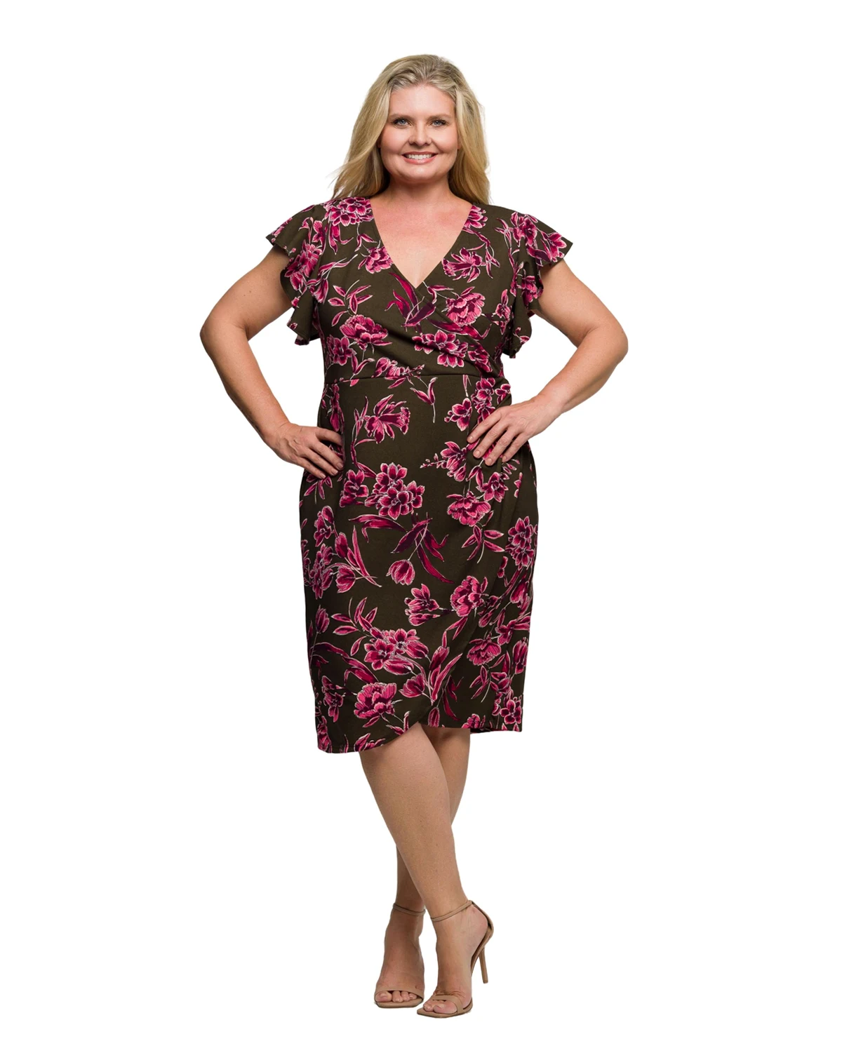 Plus Size Brown and Pink Floral Flutter Sleeve Wrap Dress