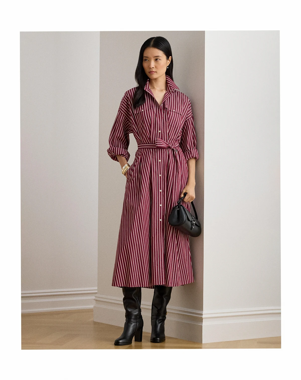 Women's Striped Belted Broadcloth Shirt dress