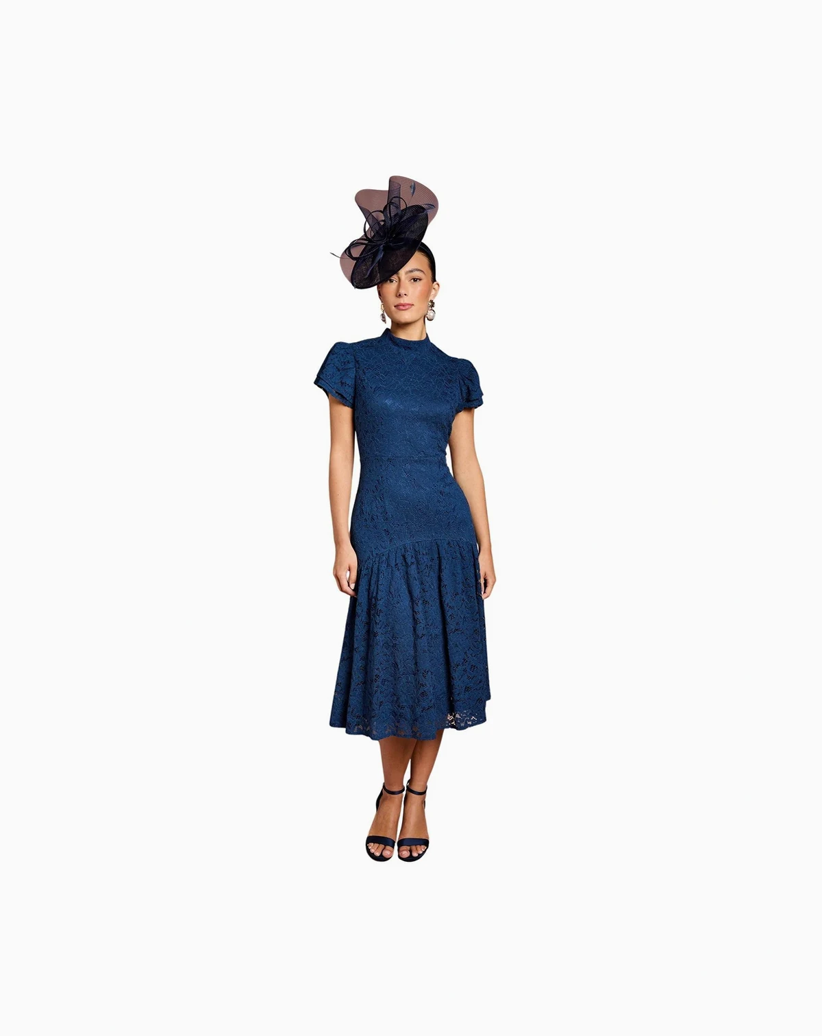 Women's Lace Frill Sleeve High Neck Midi Dress