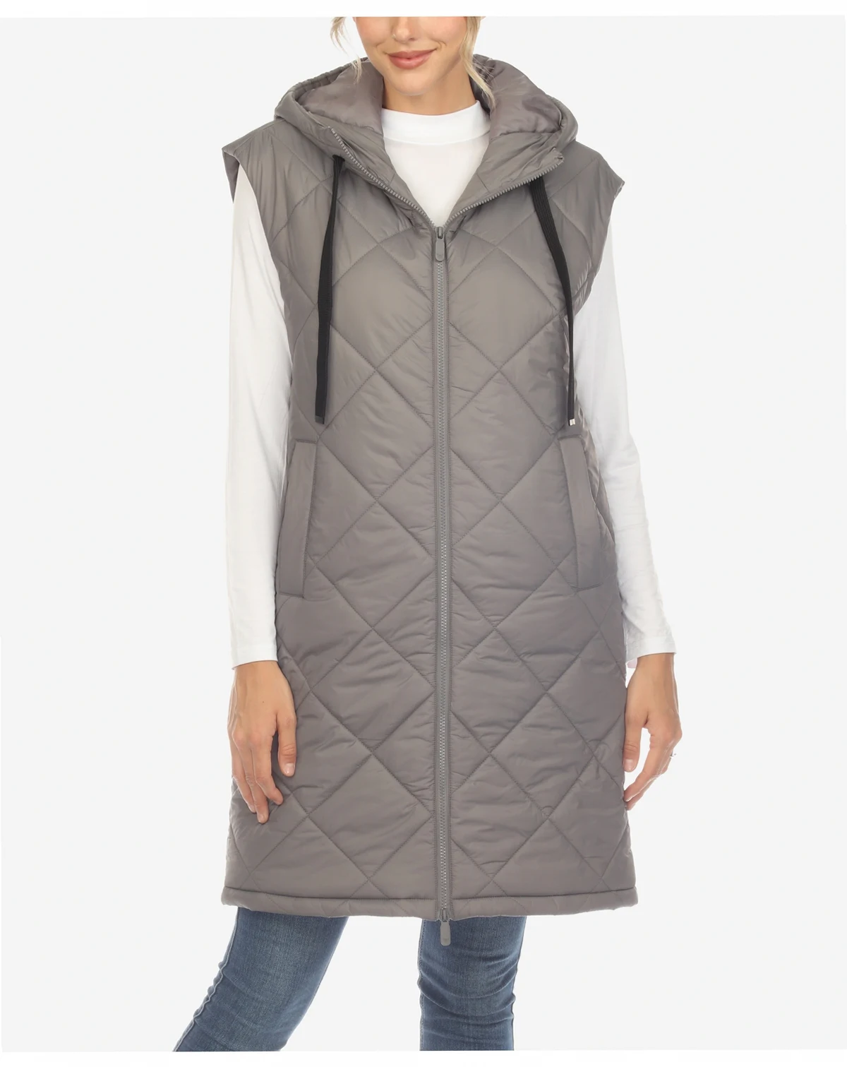 Women's Diamond Quilted Hooded Long Puffer Vest Jacket