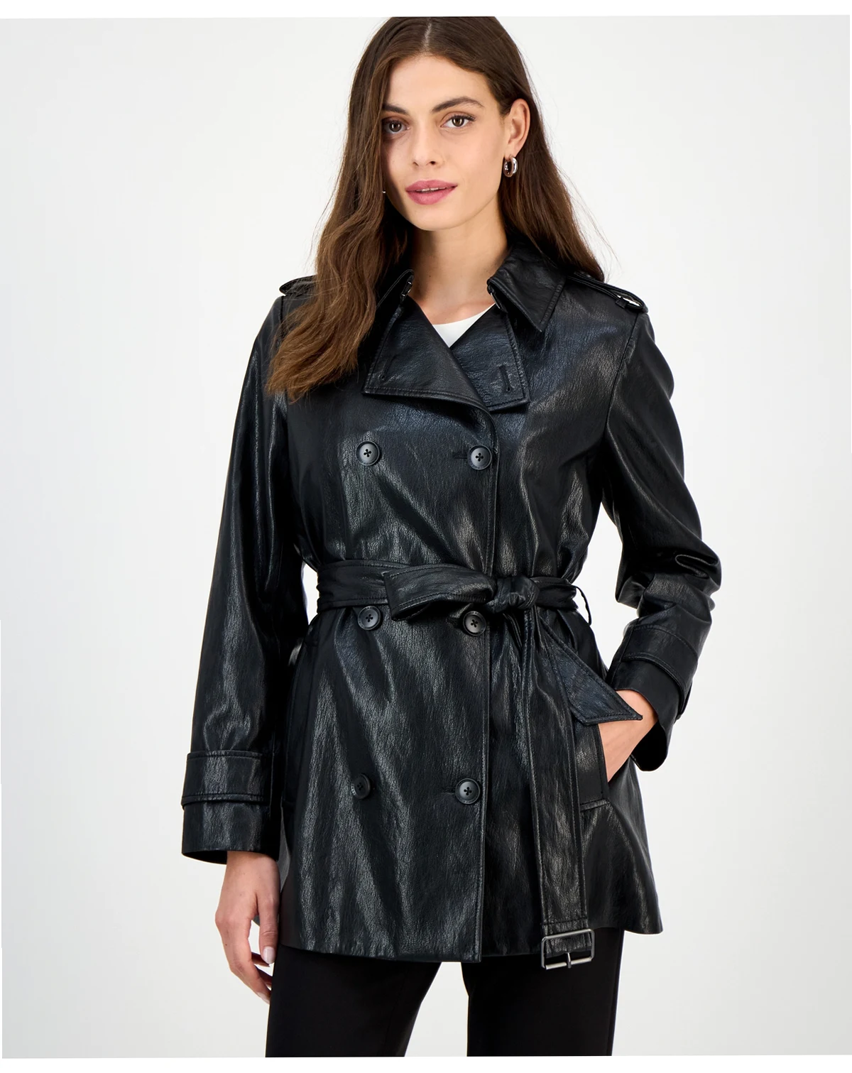 Women's Double-Breasted Faux-Leather Belted Trench Coat