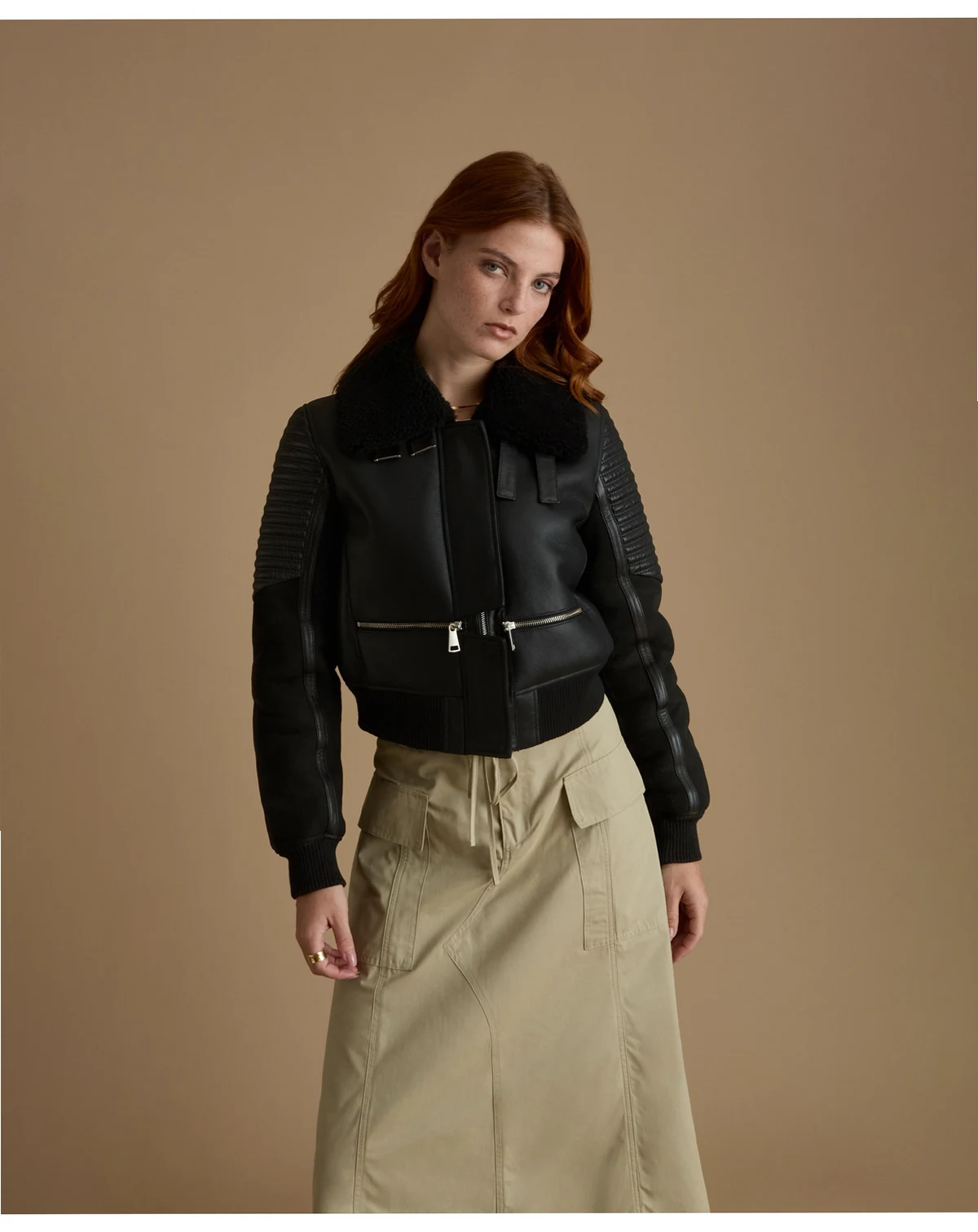 Women's Cropped Biker Style Shearling Jacket