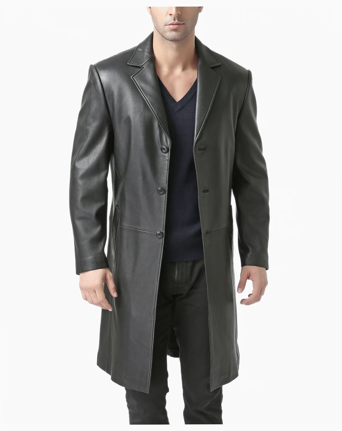 Men Classic Leather Long Walking Coat - Short