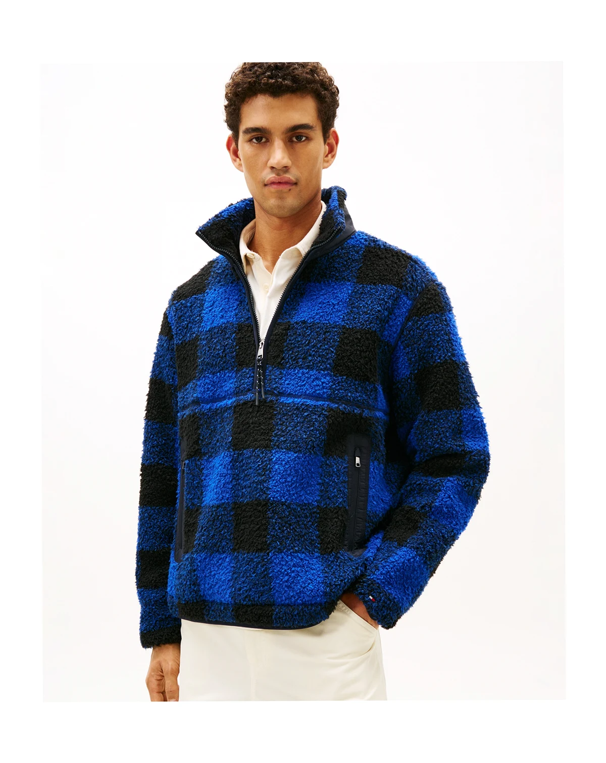 Men's Teddy Fleece Check Pullover Jacket