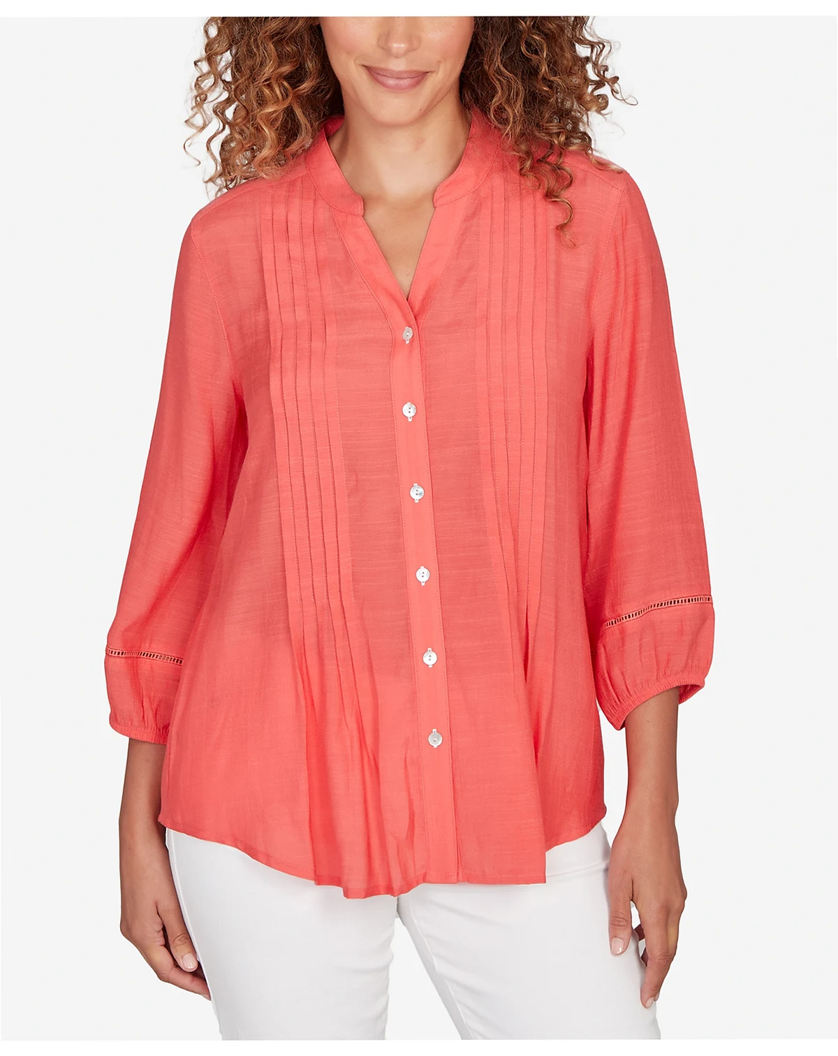 Petite Solid Silky Slub Pleated Button Front Top