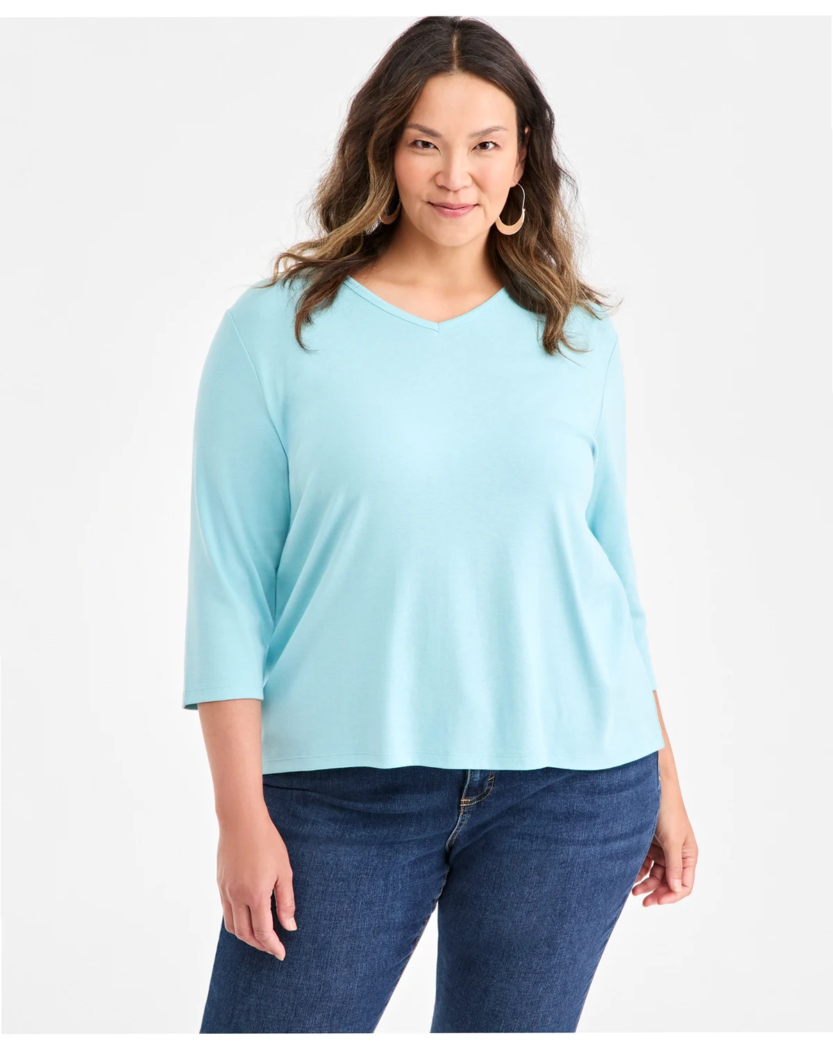 Plus Size Cotton V-Neck 3/4-Sleeve Top, Exclusively at Macy's
