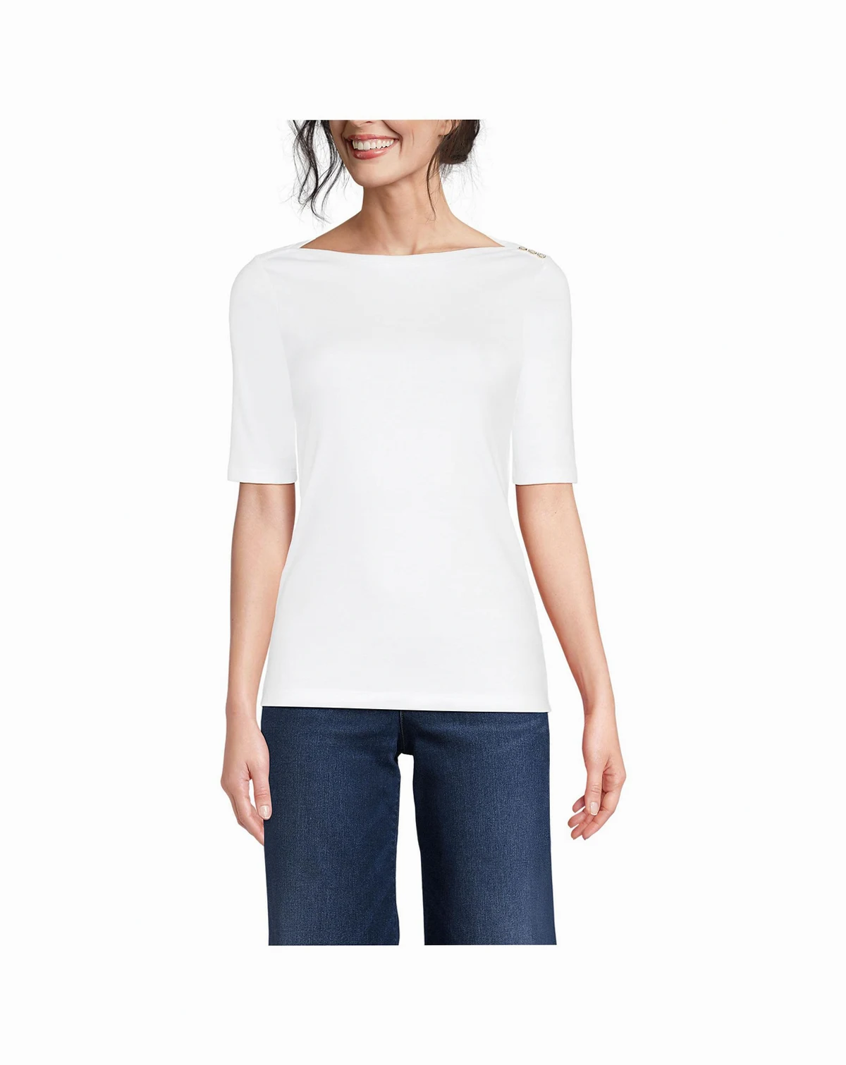 Women's Supima Cotton Elbow Sleeve Boatneck Button Shoulder Tee