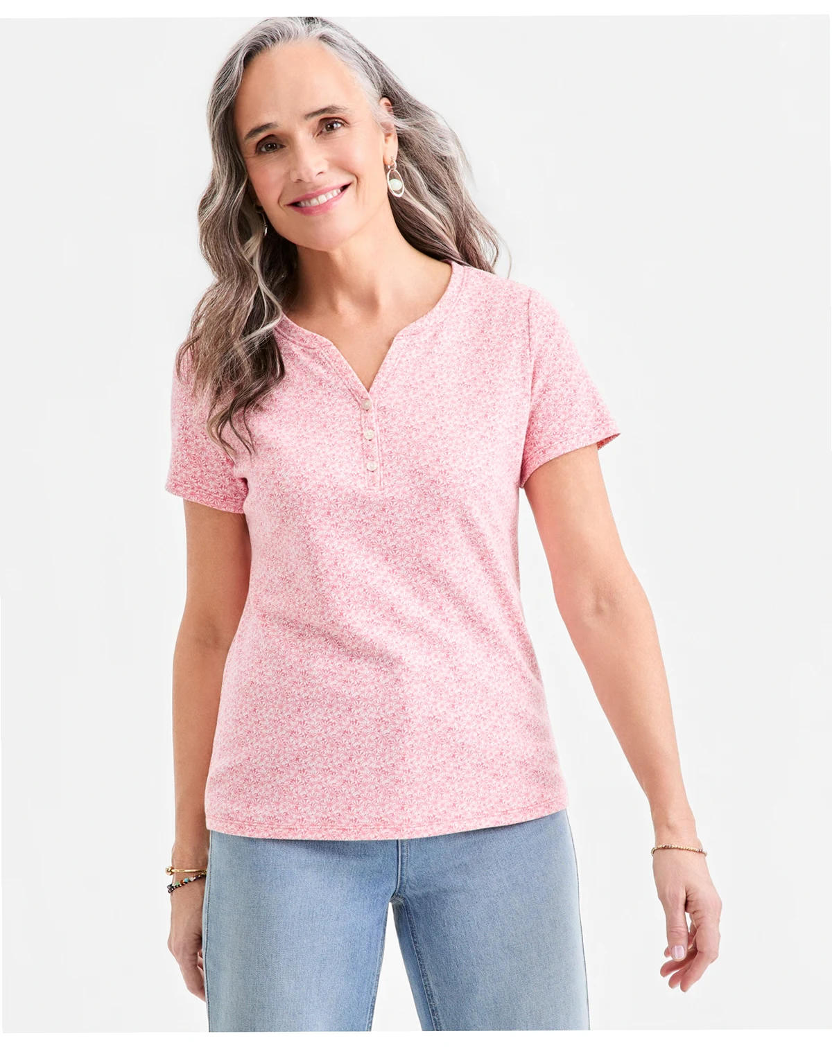 Women's Printed Short-Sleeve Henley Top, Macy's Exclusive