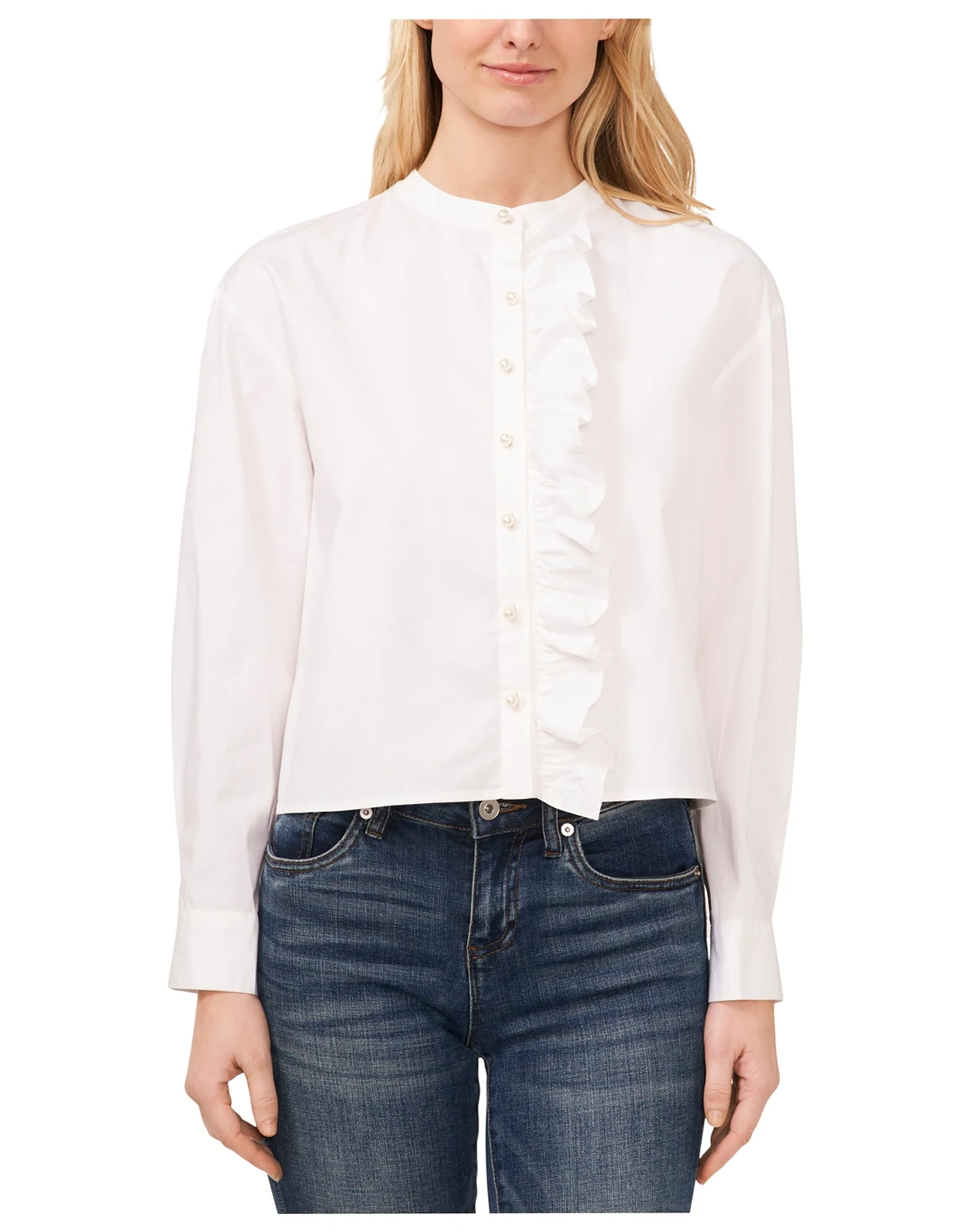 Women's Ruffled Button-Front Long-Sleeve Cropped Blouse